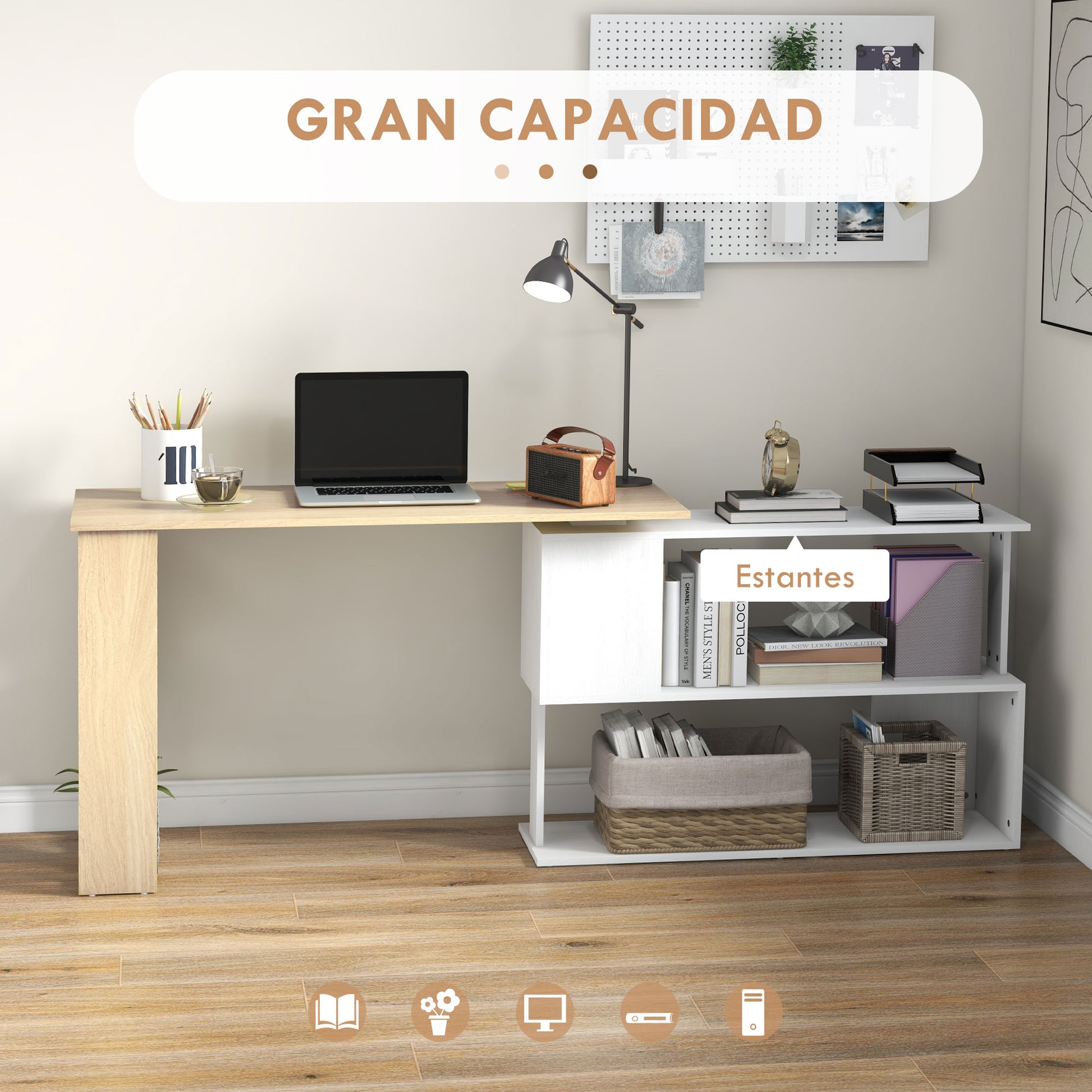 Rotating Corner Desk L-Shaped Desk with Shelf Desk with Shelves for Office Study 120x110x74.5 cm Natural and White