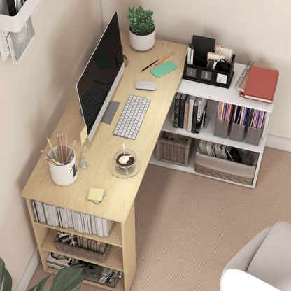 Rotating Corner Desk L-Shaped Desk with Shelf Desk with Shelves for Office Study 120x110x74.5 cm Natural and White