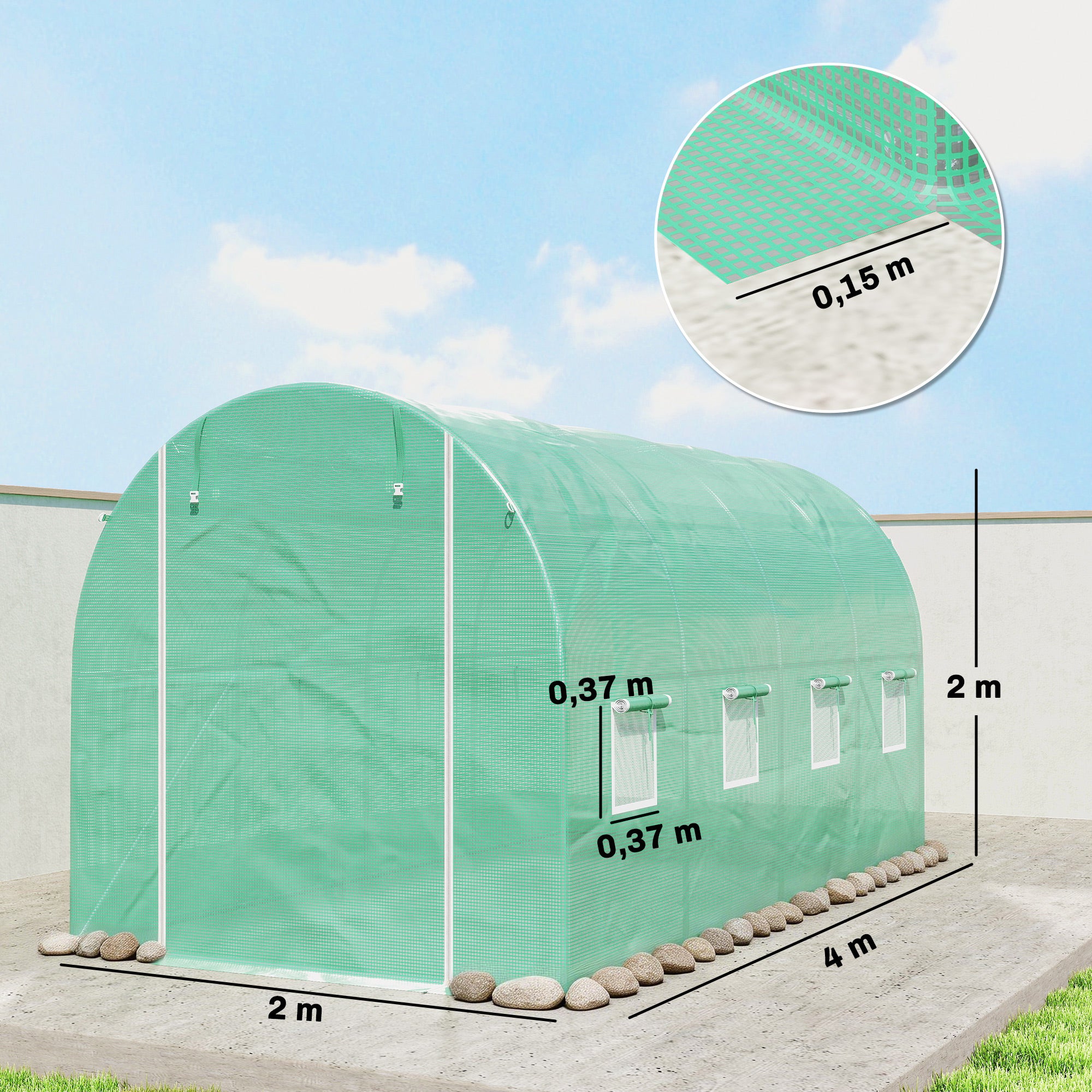 Greenhouse Cover 4 x 2 m (13.1 x 6.6 ft) — Waterproof PE Tunnel Tarp with Zipper Door, 8 Windows, UV Protection, Tear-Resistant (Green)