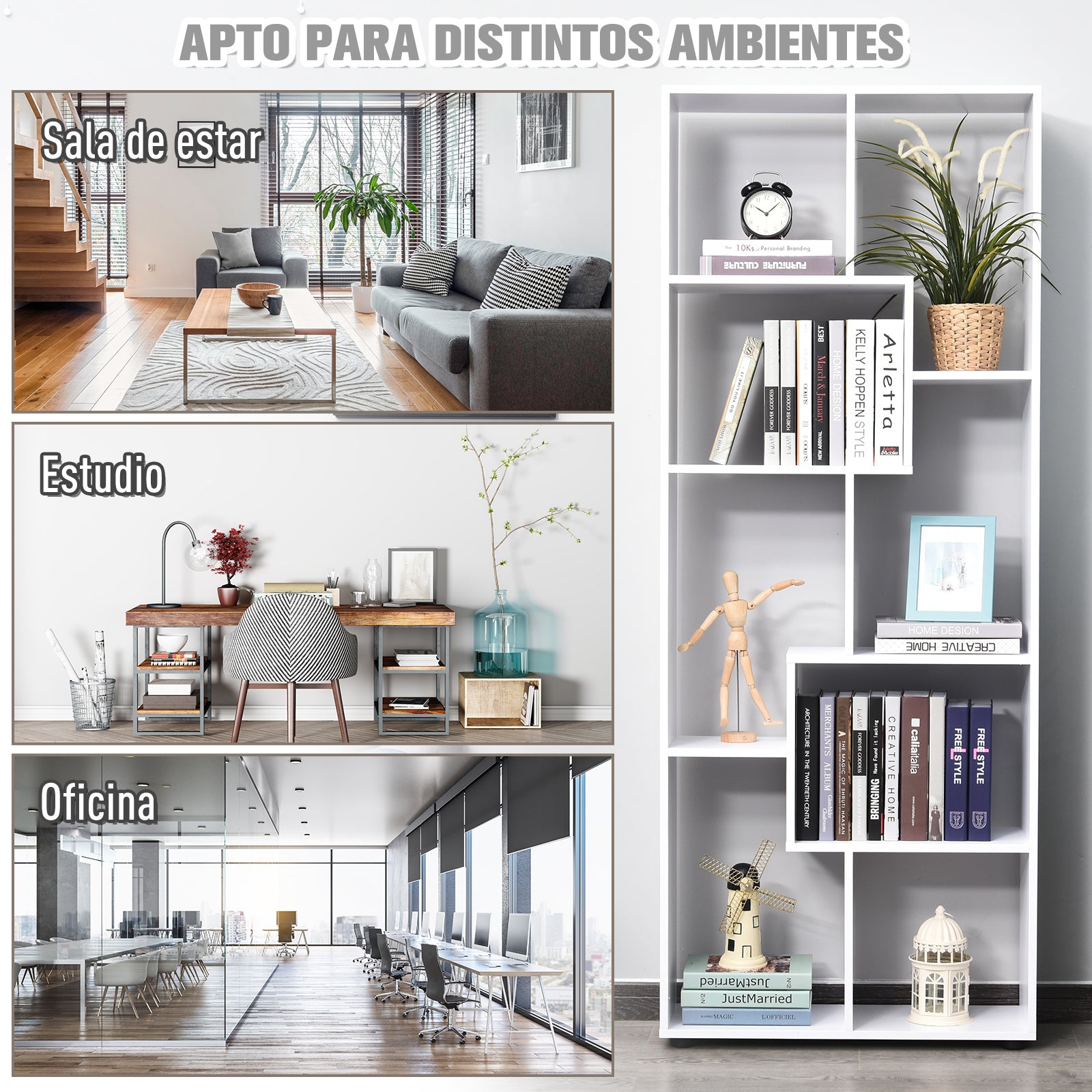 Modern Vertical Bookshelf Design with 8 Shelves E1 Particle Board 70x24x178cm White