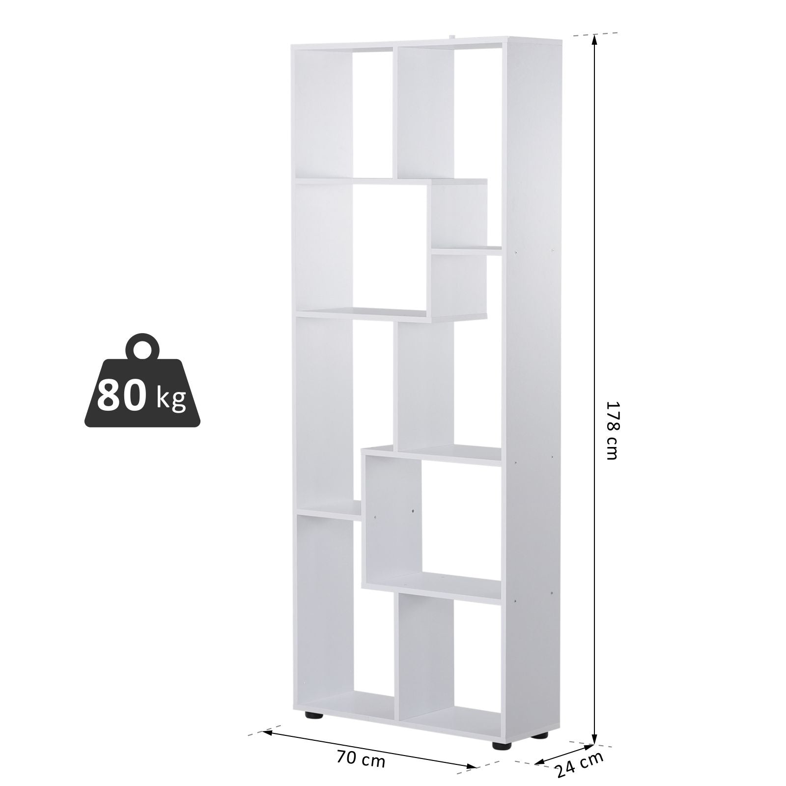 Modern Vertical Bookshelf Design with 8 Shelves E1 Particle Board 70x24x178cm White