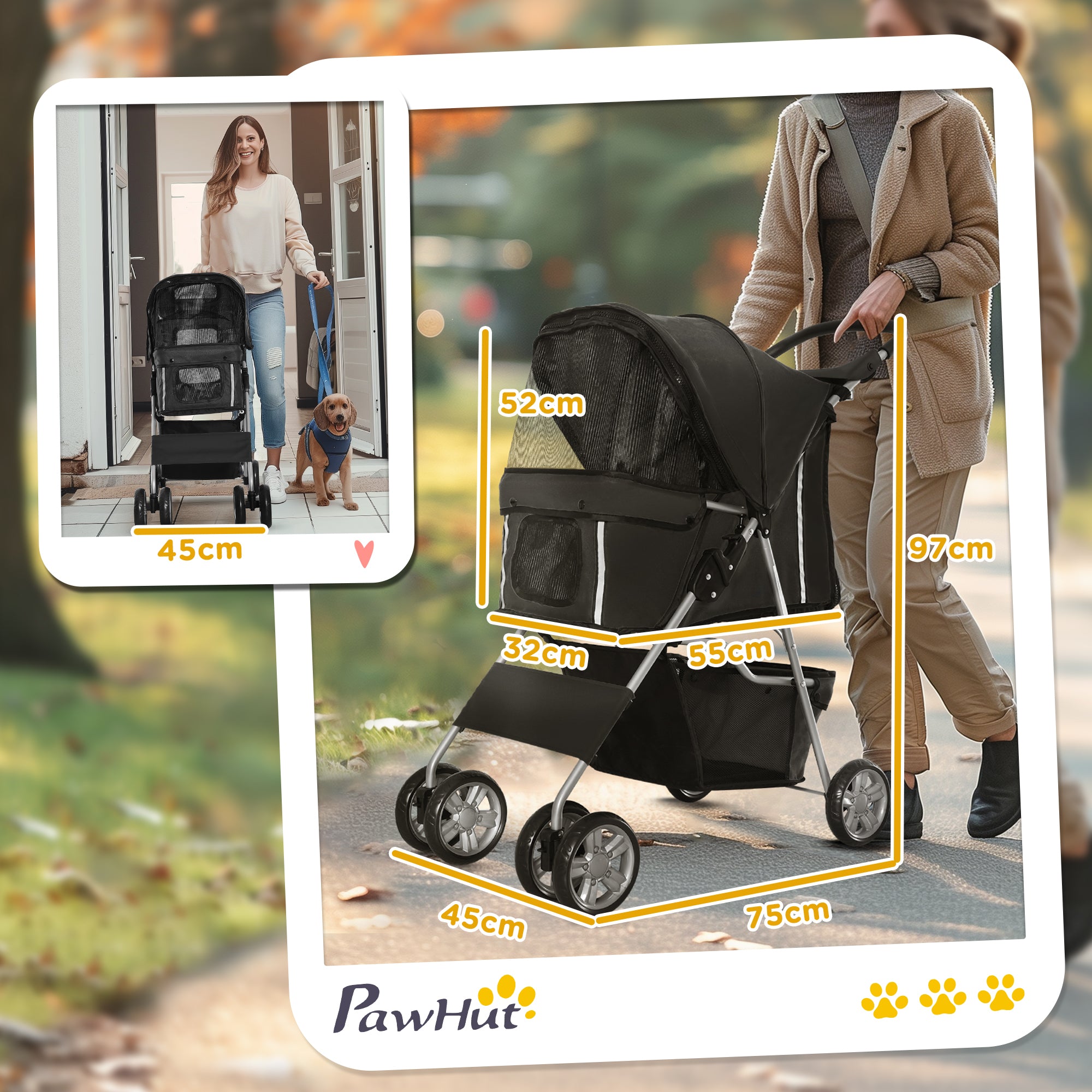 Pet Stroller Folding Dog Cart for Small Pets with Adjustable Canopy Mesh Windows Cup Holders and Wheels Load 15 kg 75x45x97 cm Black