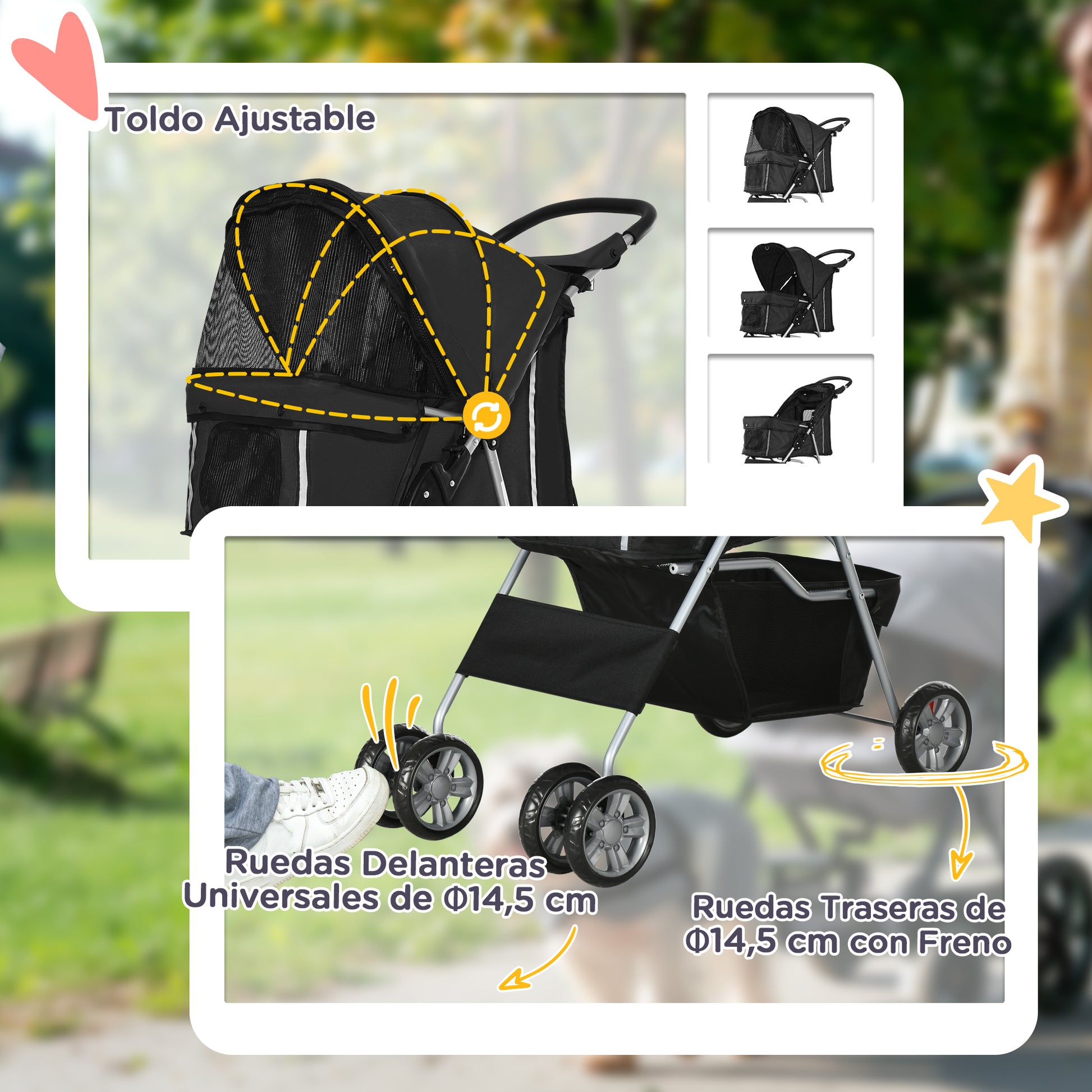 Pet Stroller Folding Dog Cart for Small Pets with Adjustable Canopy Mesh Windows Cup Holders and Wheels Load 15 kg 75x45x97 cm Black