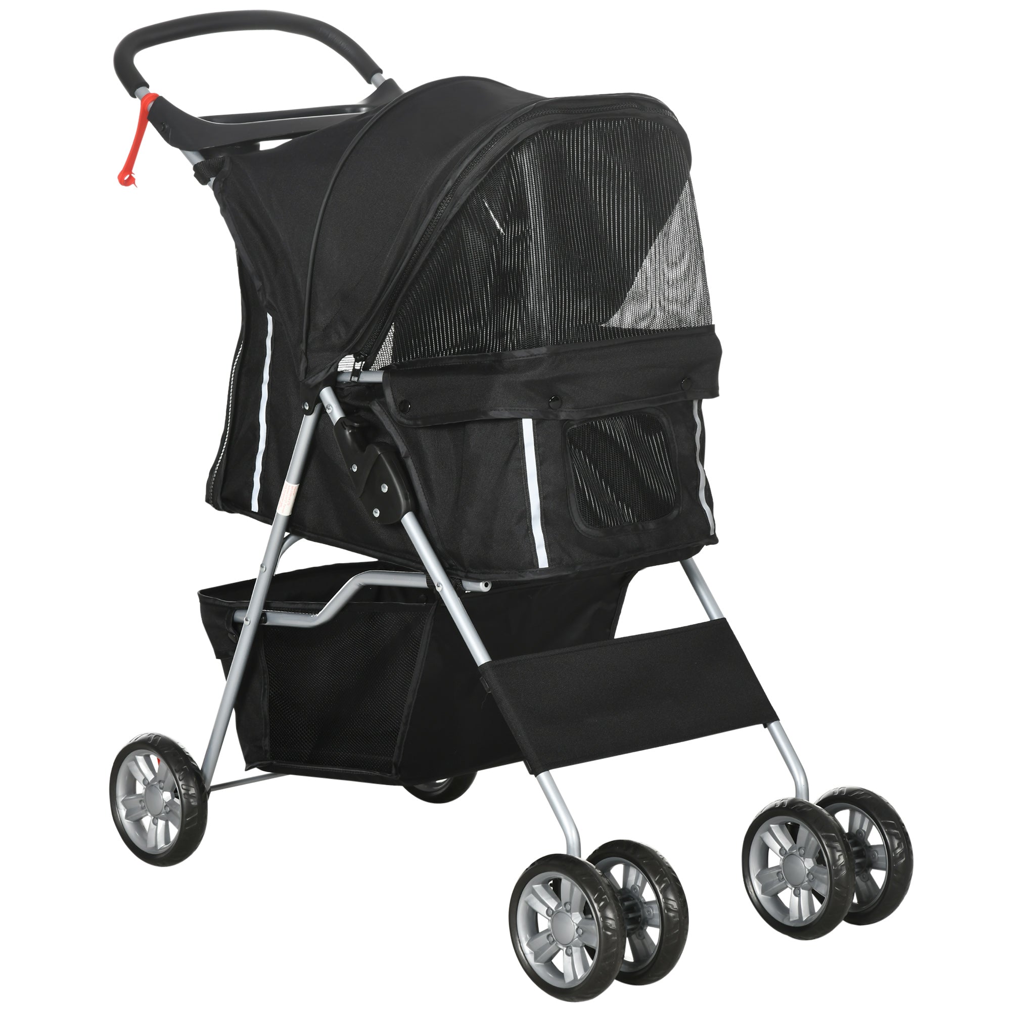 Pet Stroller Folding Dog Cart for Small Pets with Adjustable Canopy Mesh Windows Cup Holders and Wheels Load 15 kg 75x45x97 cm Black
