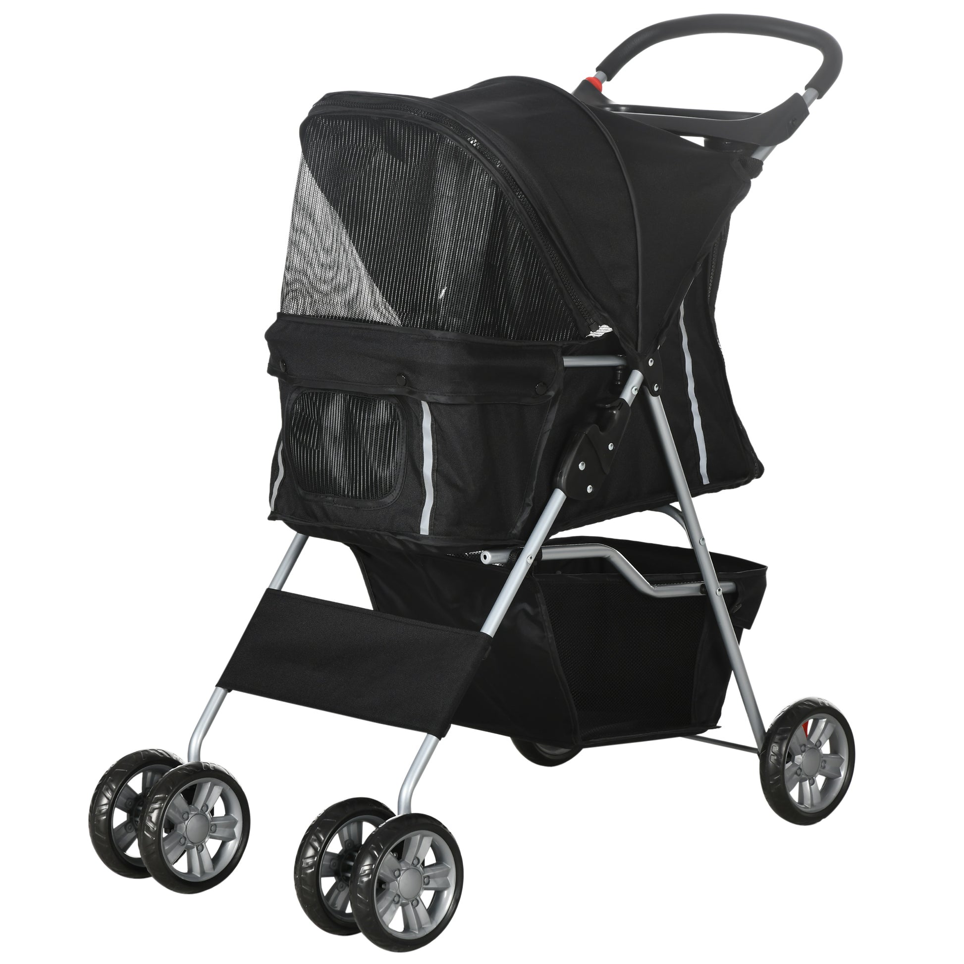 Pet Stroller Folding Dog Cart for Small Pets with Adjustable Canopy Mesh Windows Cup Holders and Wheels Load 15 kg 75x45x97 cm Black