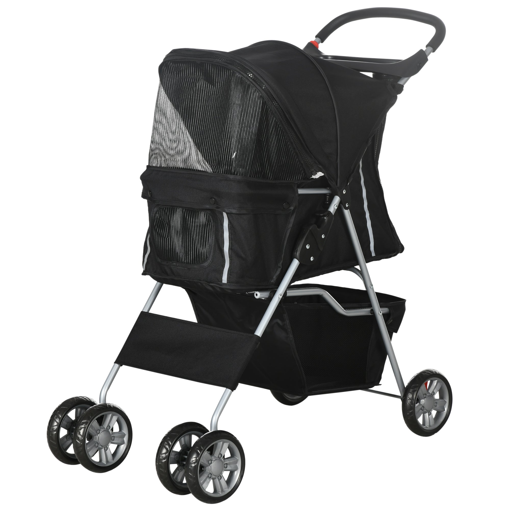 Pet Stroller Folding Dog Cart for Small Pets with Adjustable Canopy Mesh Windows Cup Holders and Wheels Load 15 kg 75x45x97 cm Black