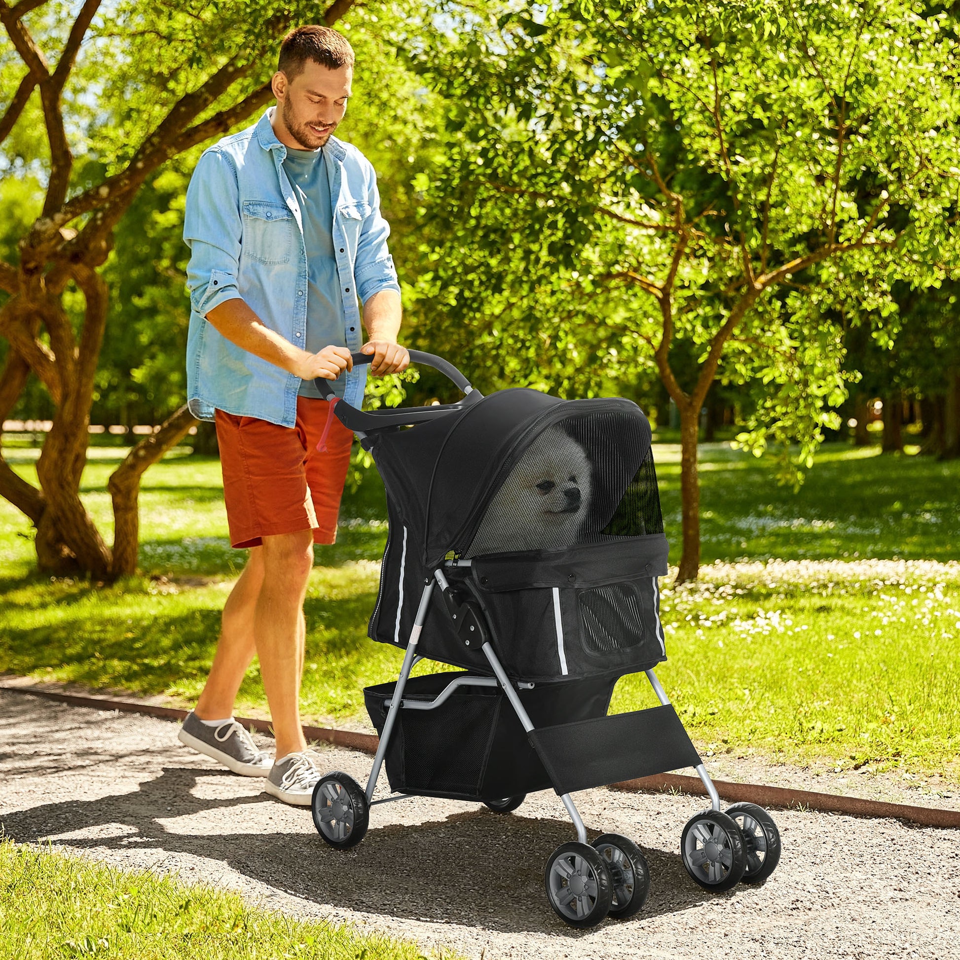 Pet Stroller Folding Dog Cart for Small Pets with Adjustable Canopy Mesh Windows Cup Holders and Wheels Load 15 kg 75x45x97 cm Black