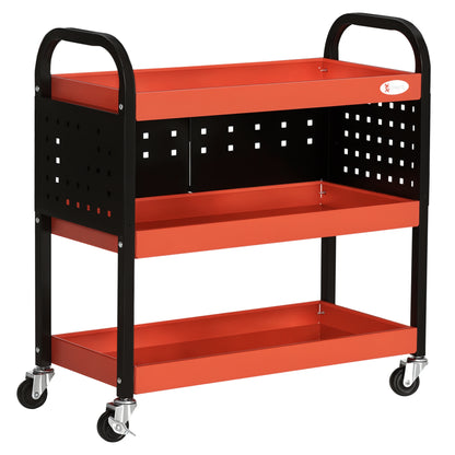 Workshop Cart Tool Cart with 3 Shelves Wheels and Perforated Panels for Mechanical Garage Home Load 100 kg Red and Black