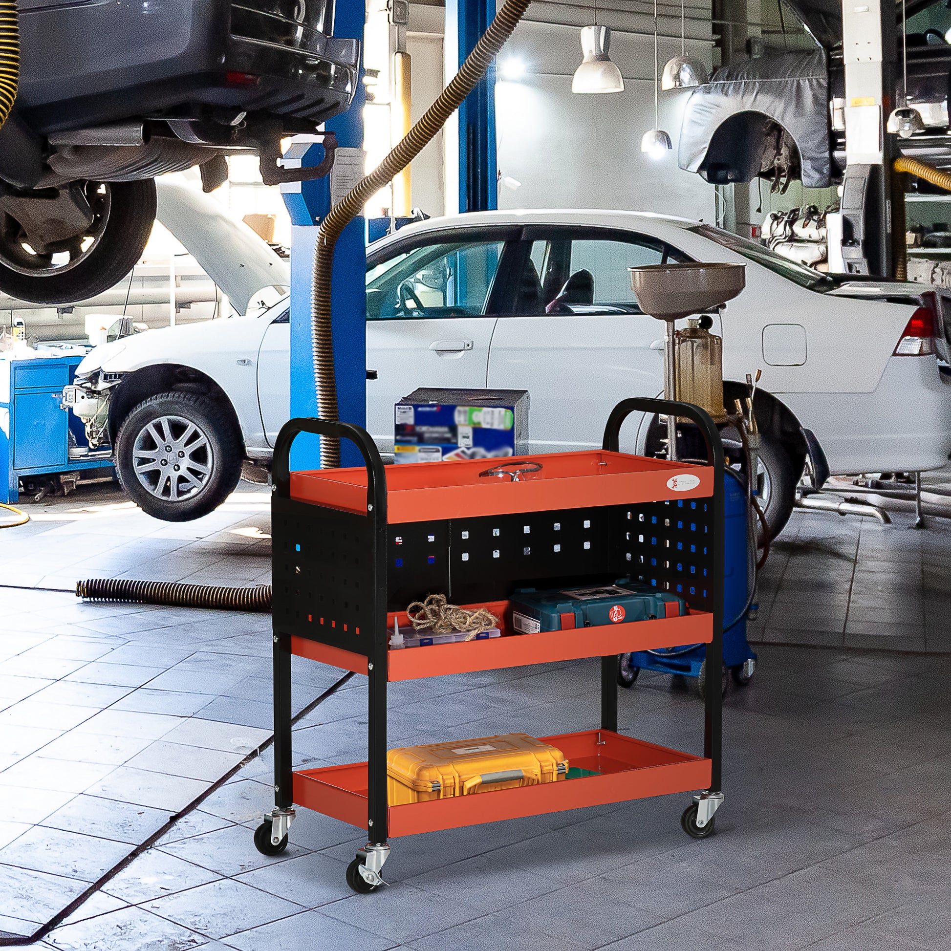 Workshop Cart Tool Cart with 3 Shelves Wheels and Perforated Panels for Mechanical Garage Home Load 100 kg Red and Black