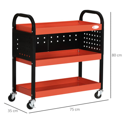 Workshop Cart Tool Cart with 3 Shelves Wheels and Perforated Panels for Mechanical Garage Home Load 100 kg Red and Black
