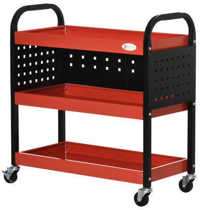 Workshop Cart Tool Cart with 3 Shelves Wheels and Perforated Panels for Mechanical Garage Home Load 100 kg Red and Black
