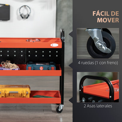 Workshop Cart Tool Cart with 3 Shelves Wheels and Perforated Panels for Mechanical Garage Home Load 100 kg Red and Black