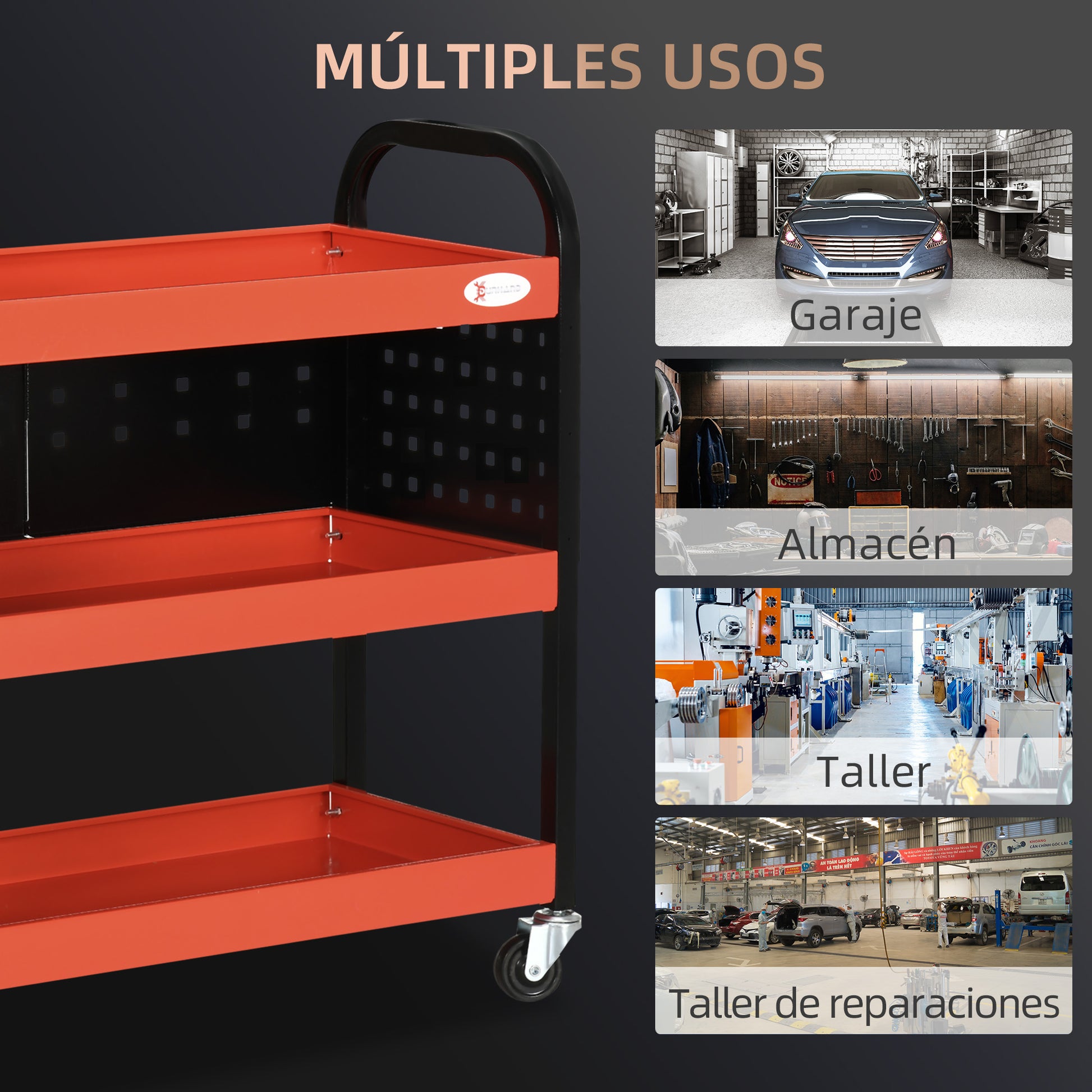 Workshop Cart Tool Cart with 3 Shelves Wheels and Perforated Panels for Mechanical Garage Home Load 100 kg Red and Black