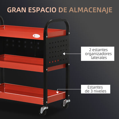 Workshop Cart Tool Cart with 3 Shelves Wheels and Perforated Panels for Mechanical Garage Home Load 100 kg Red and Black