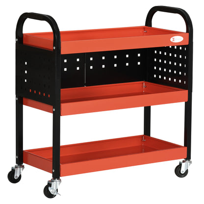 Workshop Cart Tool Cart with 3 Shelves Wheels and Perforated Panels for Mechanical Garage Home Load 100 kg Red and Black