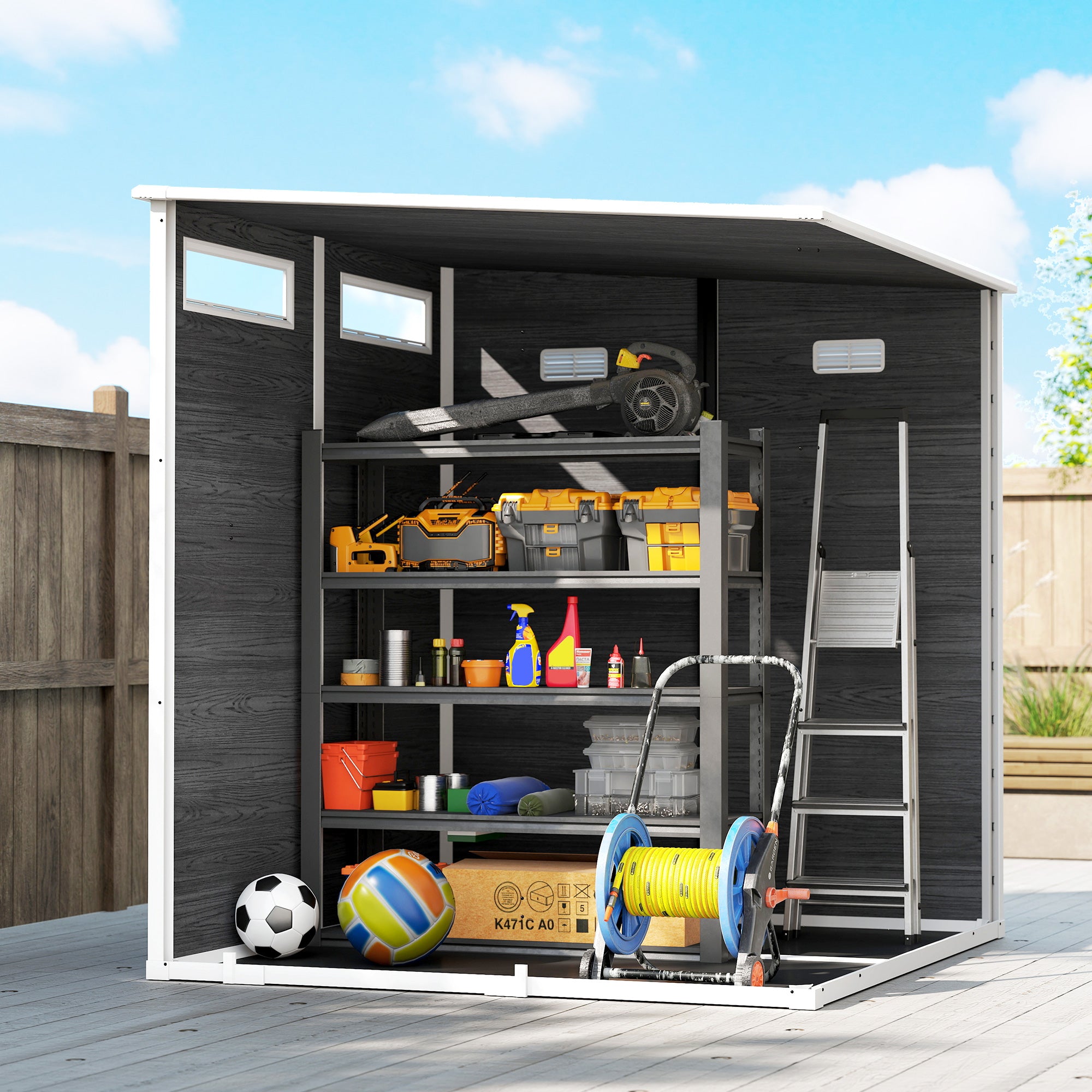 6 ft x 6 ft Weathered Gray Garden Shed with Floor, Wood-Effect Panels, Lockable Door & Windows for Patio, Lawn or Garage