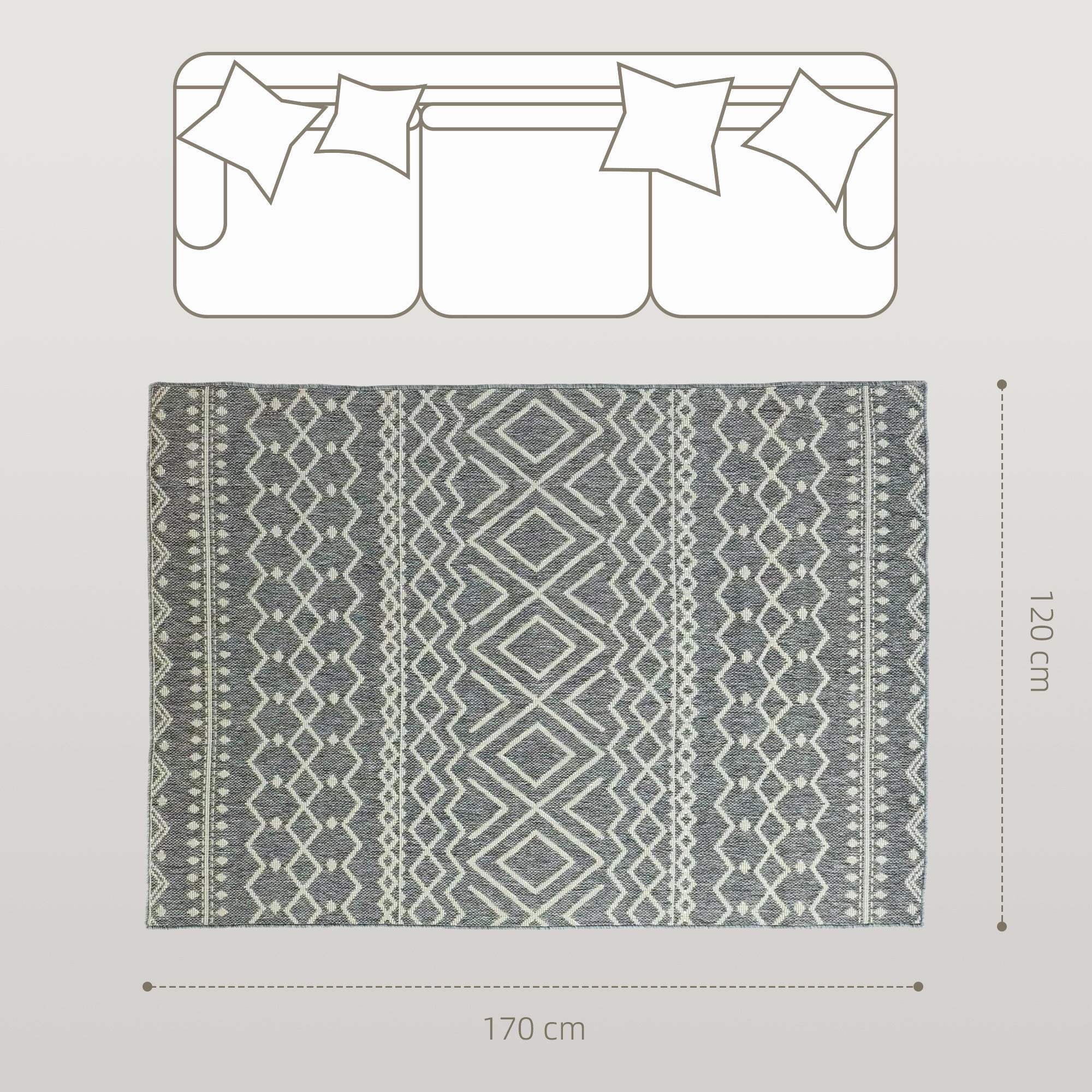 Flat Weave Rug Washable Anti-Slip Kitchen Rug with Boho Design for Patio Balcony Living Room & Kitchen, 170 x 120 cm, Gray