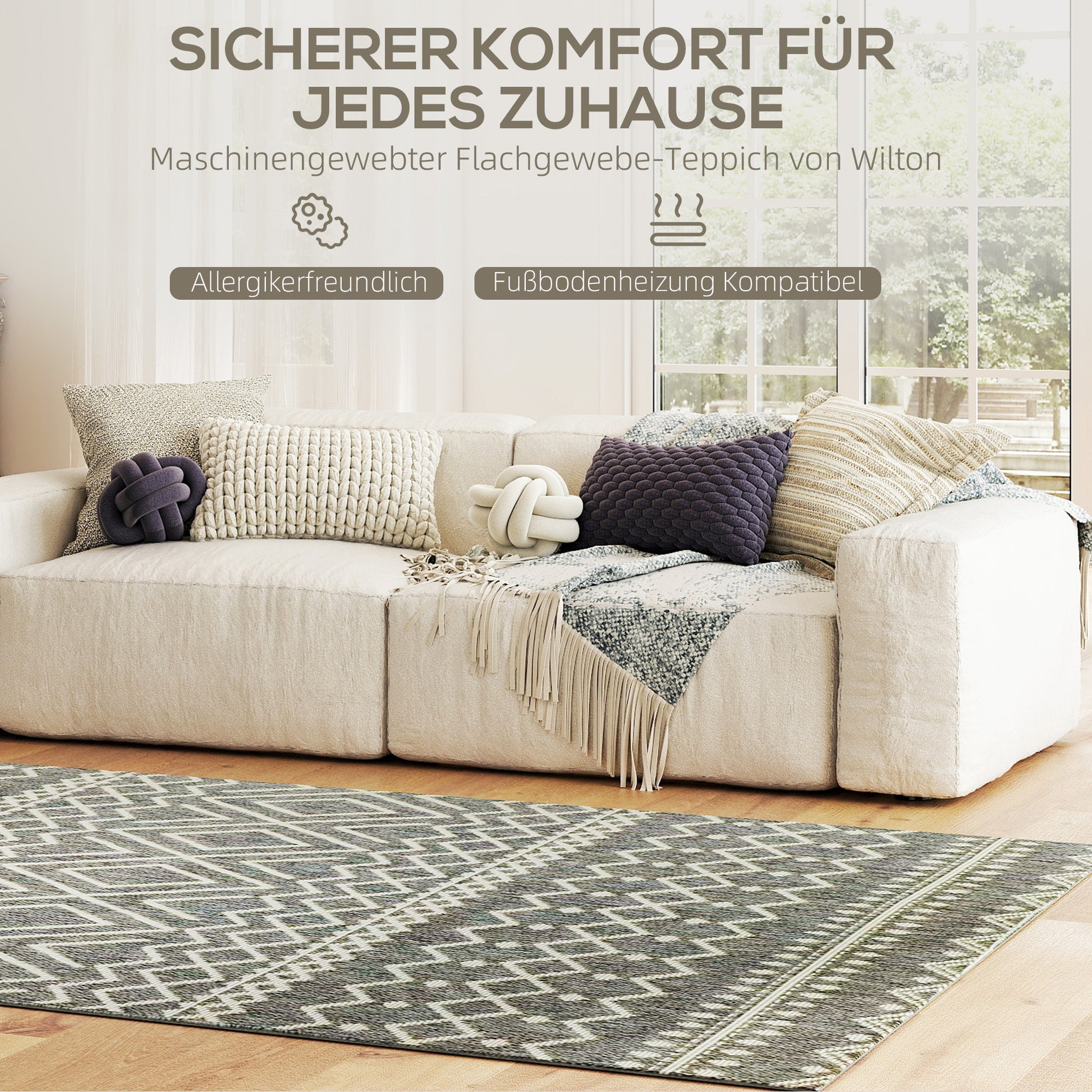 Flat Weave Rug Washable Anti-Slip Kitchen Rug with Boho Design for Patio Balcony Living Room & Kitchen, 170 x 120 cm, Gray