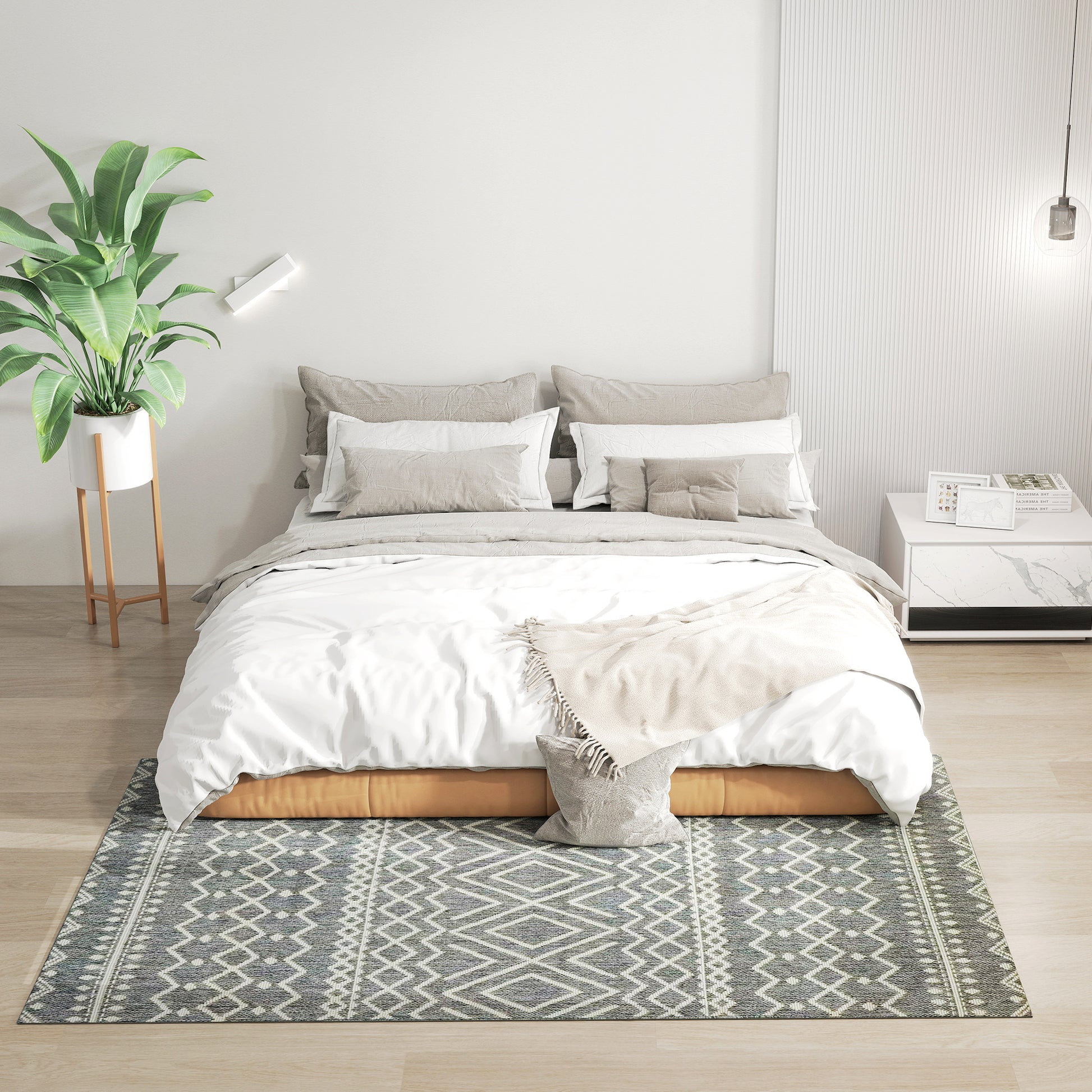 Flat Weave Rug Washable Anti-Slip Kitchen Rug with Boho Design for Patio Balcony Living Room & Kitchen, 170 x 120 cm, Gray