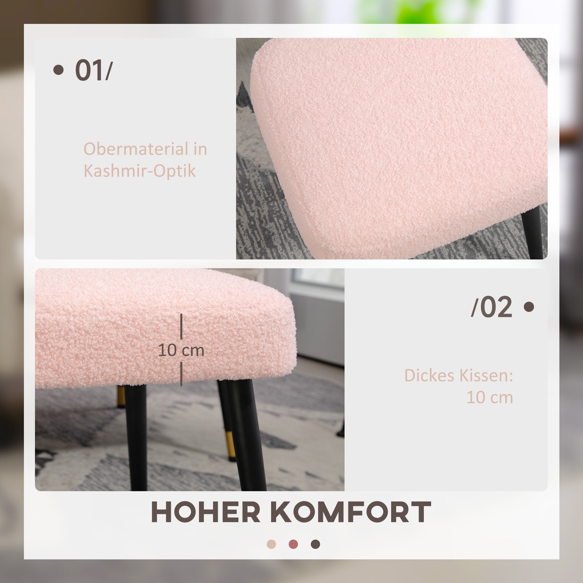 Footstool Seat Stool Square Vanity Stool Footrest with Cashmere Look, Steel Legs, for Living Room, Bedroom, Pink, 42 x 42 x 47 cm