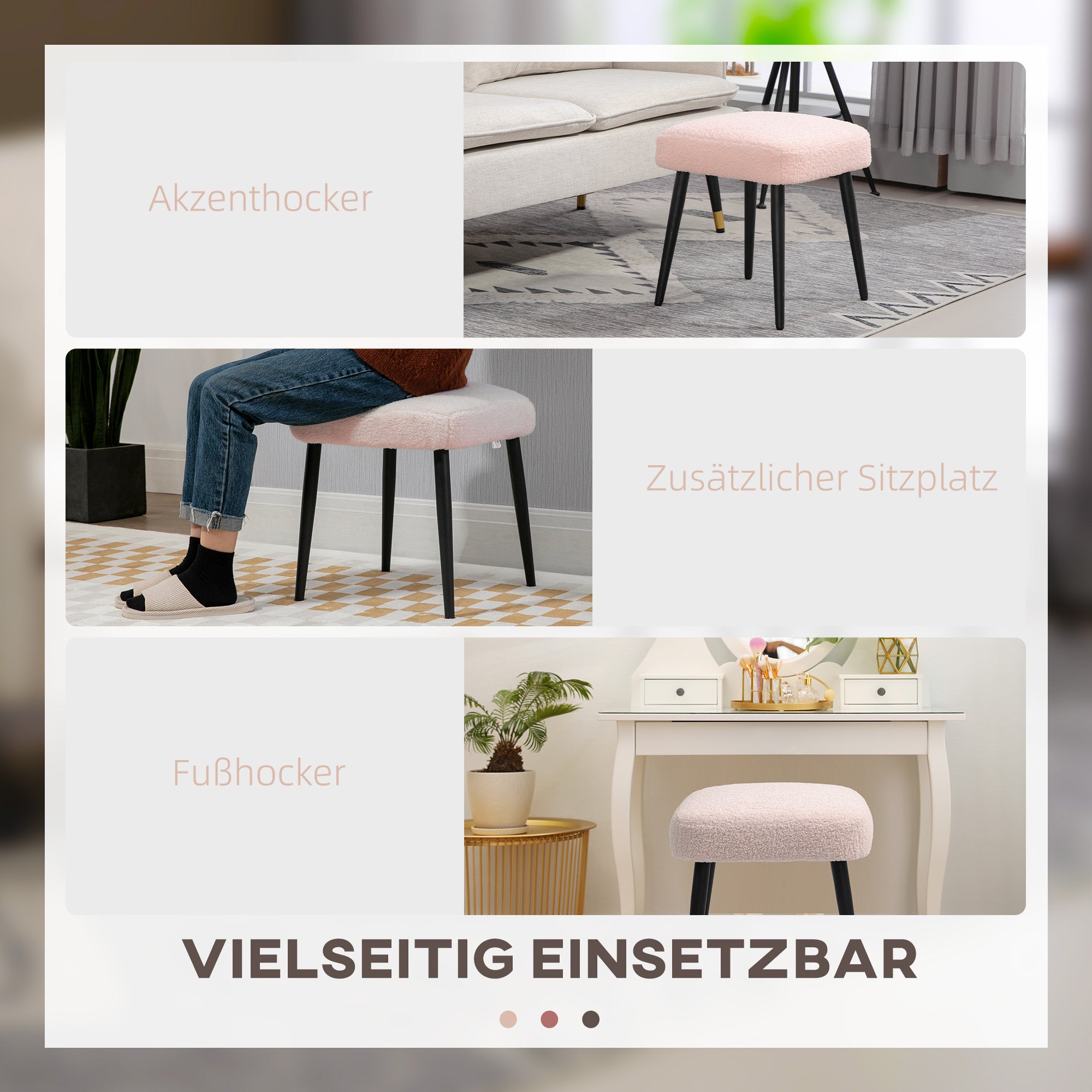 Footstool Seat Stool Square Vanity Stool Footrest with Cashmere Look, Steel Legs, for Living Room, Bedroom, Pink, 42 x 42 x 47 cm