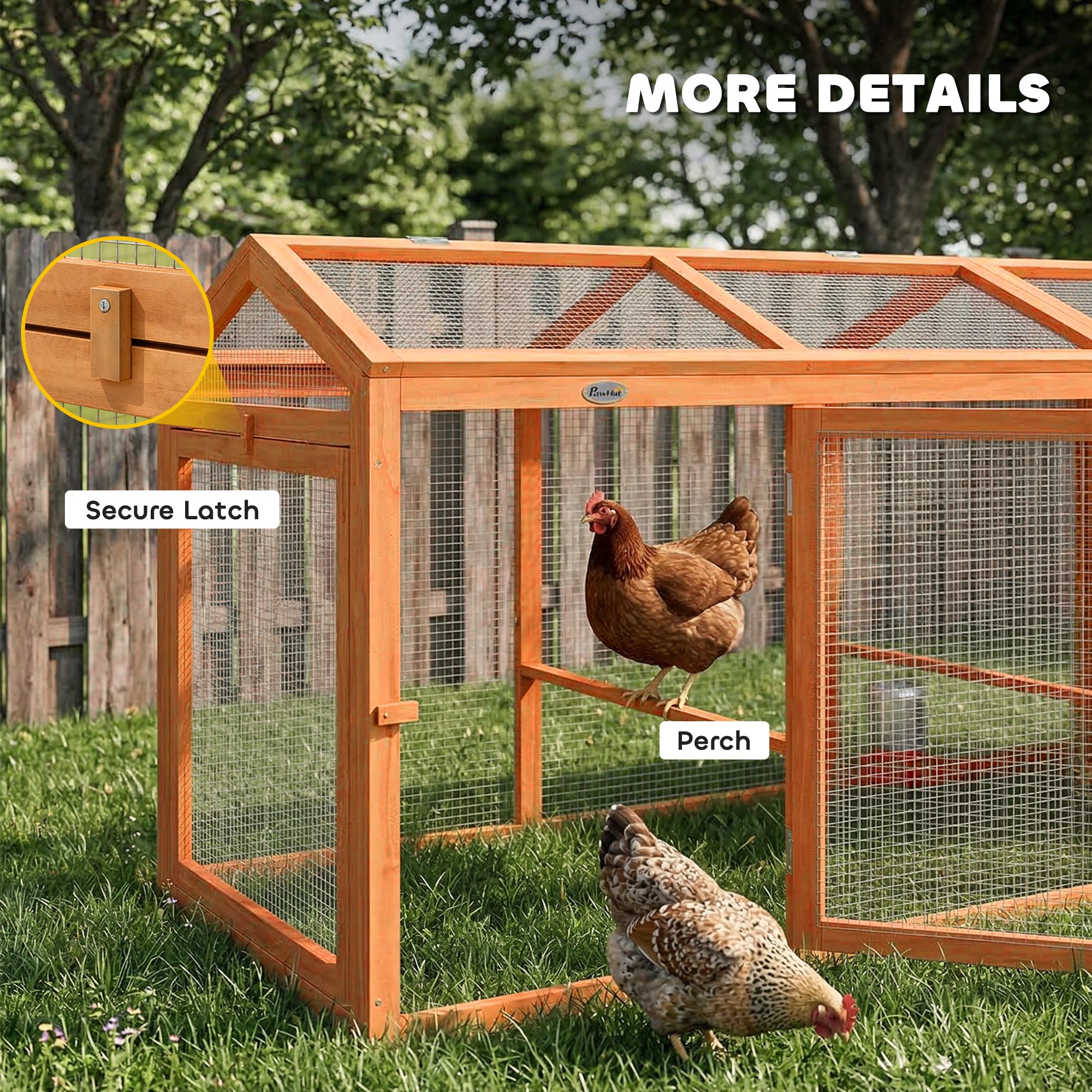 Chicken Coop 156 x 70.5 x 84 cm Run with Roost, Double Doors, Wood & Metal Enclosure, Outdoor Run for 4 Chickens, Orange