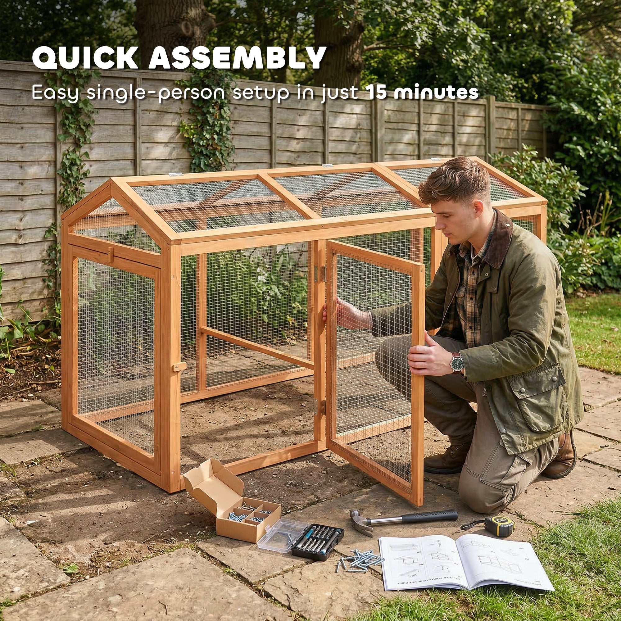 Chicken Coop 156 x 70.5 x 84 cm Run with Roost, Double Doors, Wood & Metal Enclosure, Outdoor Run for 4 Chickens, Orange