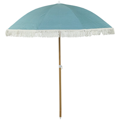 Beach Umbrella with Wood Effect Pole Ø 1.7m, Large Height Adjustable Fringed Sun Umbrella with UPF50+ Sun Protection, Lightweight Carry Bag Included, Light Blue