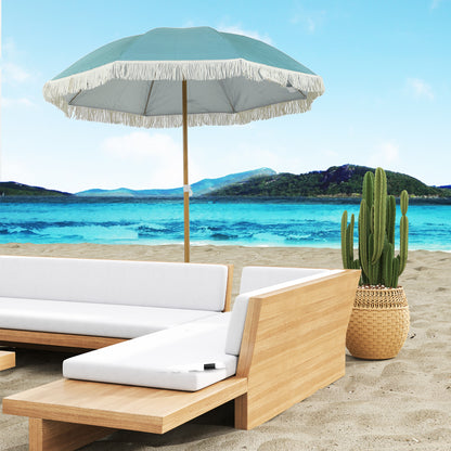 Beach Umbrella with Wood Effect Pole Ø 1.7m, Large Height Adjustable Fringed Sun Umbrella with UPF50+ Sun Protection, Lightweight Carry Bag Included, Light Blue