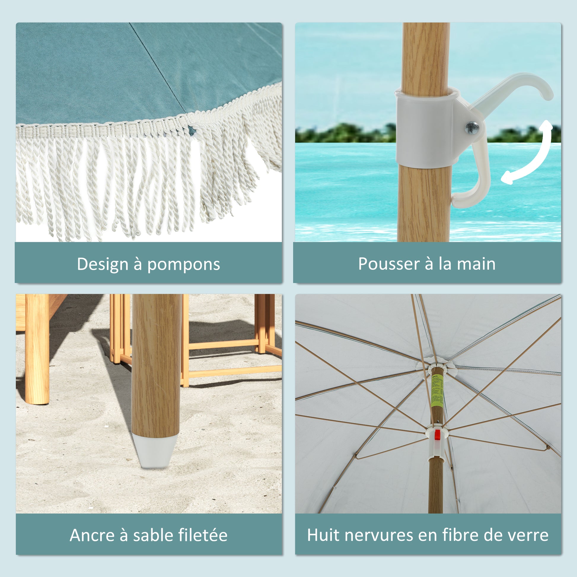 Beach Umbrella with Wood Effect Pole Ø 1.7m, Large Height Adjustable Fringed Sun Umbrella with UPF50+ Sun Protection, Lightweight Carry Bag Included, Light Blue