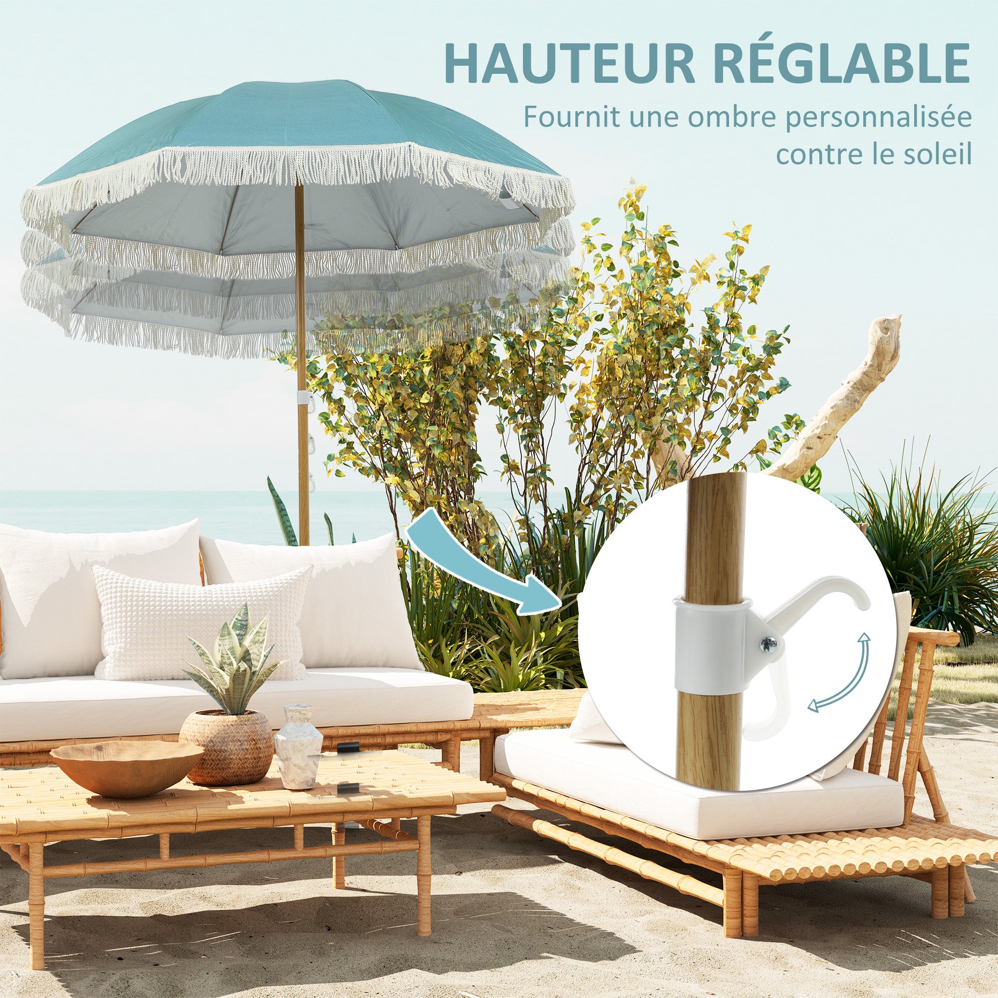 Beach Umbrella with Wood Effect Pole Ø 1.7m, Large Height Adjustable Fringed Sun Umbrella with UPF50+ Sun Protection, Lightweight Carry Bag Included, Light Blue
