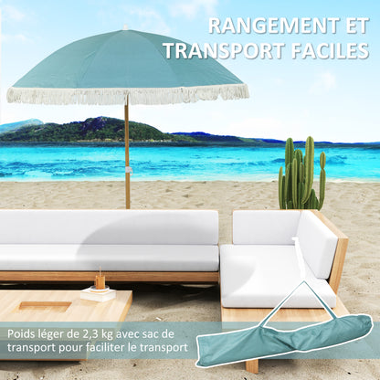 Beach Umbrella with Wood Effect Pole Ø 1.7m, Large Height Adjustable Fringed Sun Umbrella with UPF50+ Sun Protection, Lightweight Carry Bag Included, Light Blue