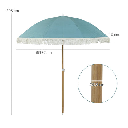 Beach Umbrella with Wood Effect Pole Ø 1.7m, Large Height Adjustable Fringed Sun Umbrella with UPF50+ Sun Protection, Lightweight Carry Bag Included, Light Blue