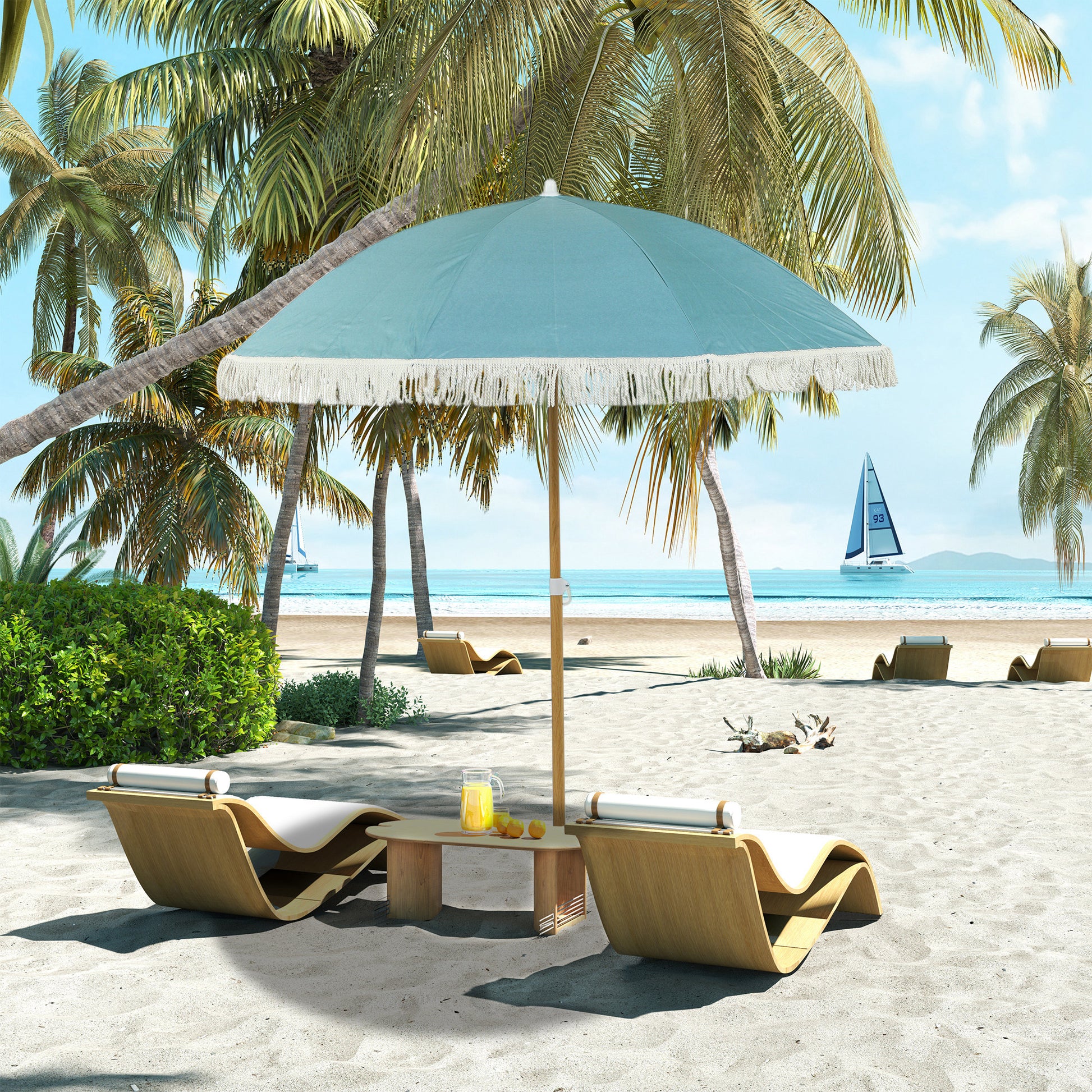 Beach Umbrella with Wood Effect Pole Ø 1.7m, Large Height Adjustable Fringed Sun Umbrella with UPF50+ Sun Protection, Lightweight Carry Bag Included, Light Blue
