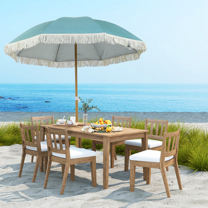 Beach Umbrella with Wood Effect Pole Ø 1.7m, Large Height Adjustable Fringed Sun Umbrella with UPF50+ Sun Protection, Lightweight Carry Bag Included, Light Blue