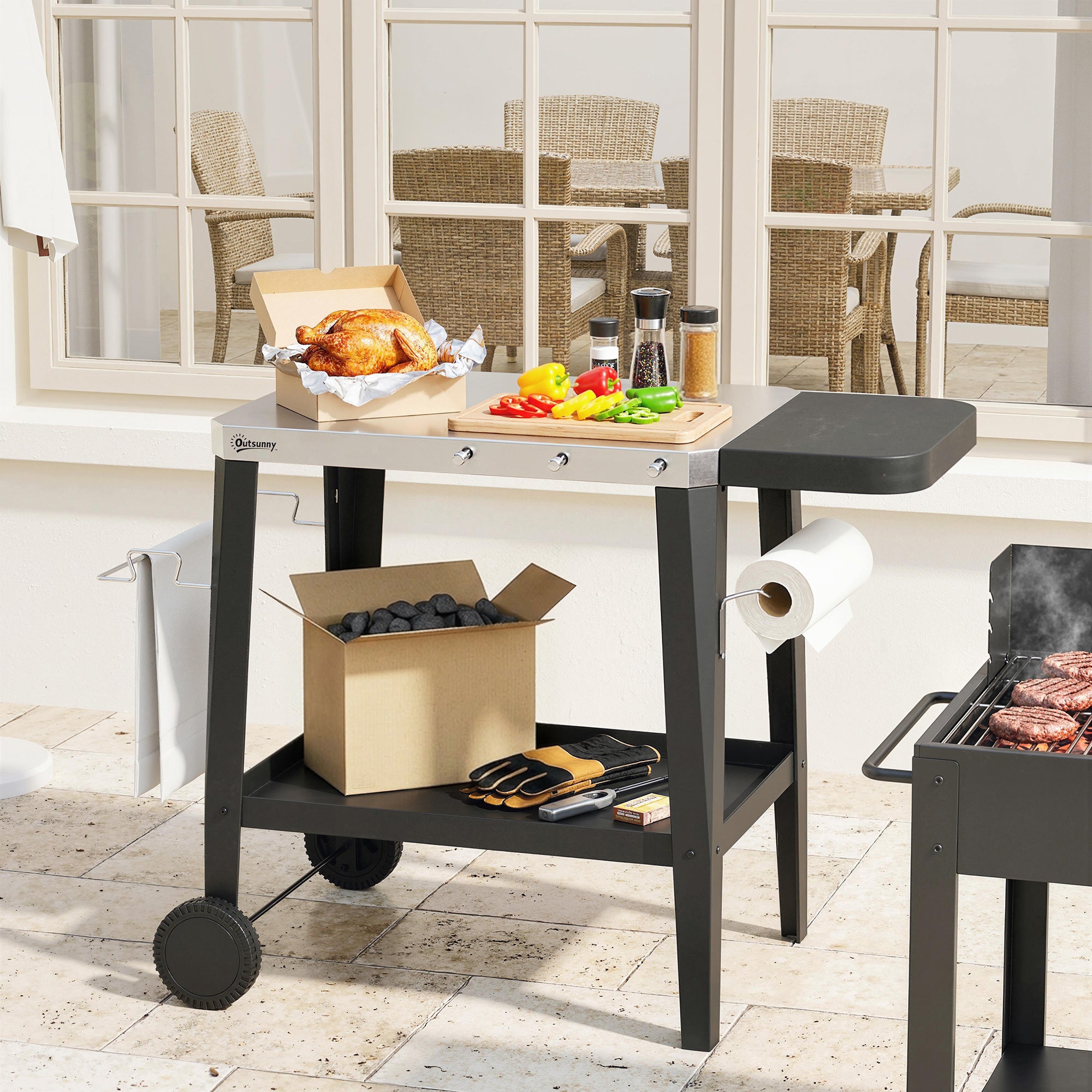 Stainless Steel Kitchen & BBQ Cart with Wheels, Foldable Side Table, Paper Towel & Towel Holder, Hooks — Black (45.3" x 26.6" x 31.7")