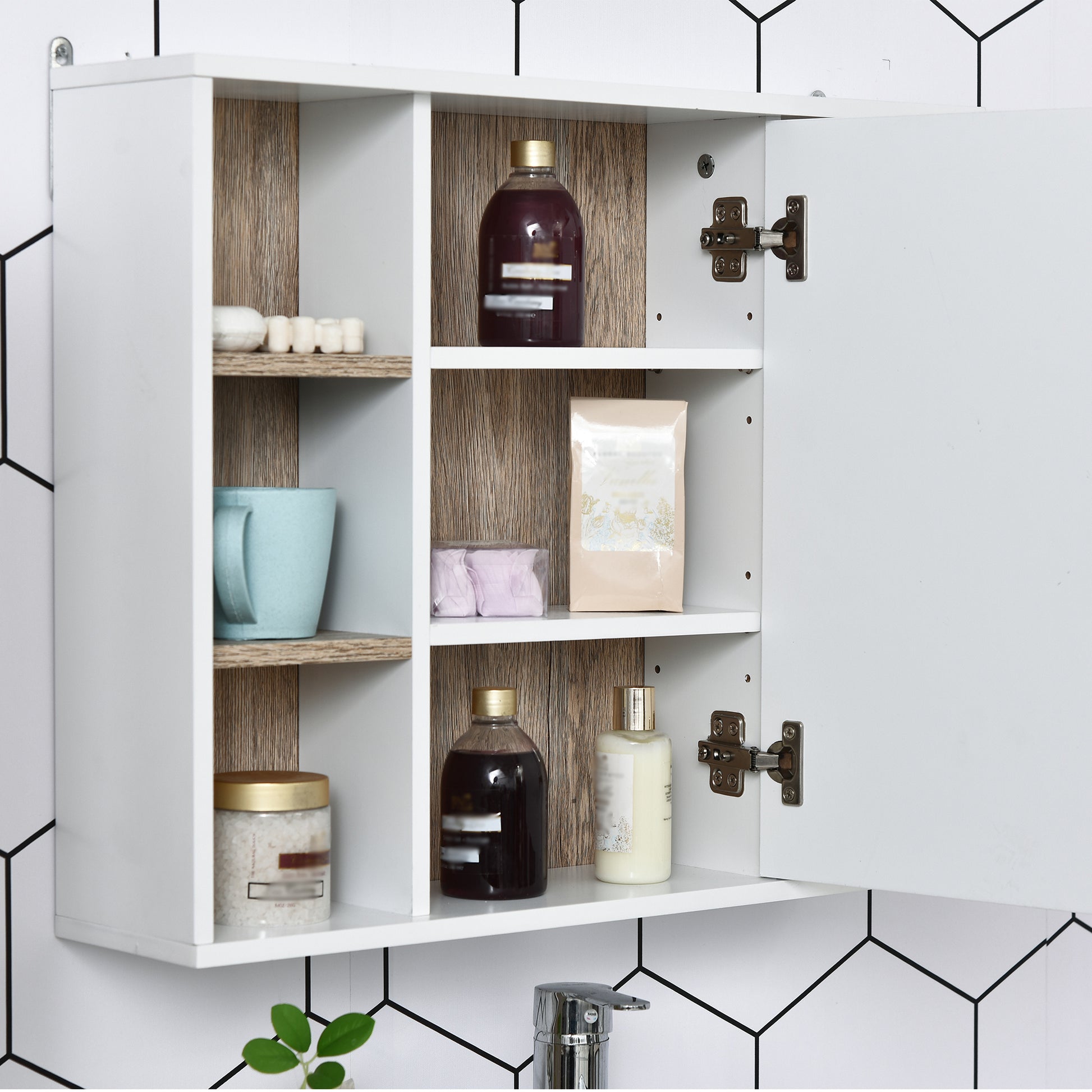 Mirror Cabinet with Internal Space with Adjustable Shelves Wall-Mounted Bathroom Cabinet with Open Shelves 60x14.5x49.4 cm White and Oak