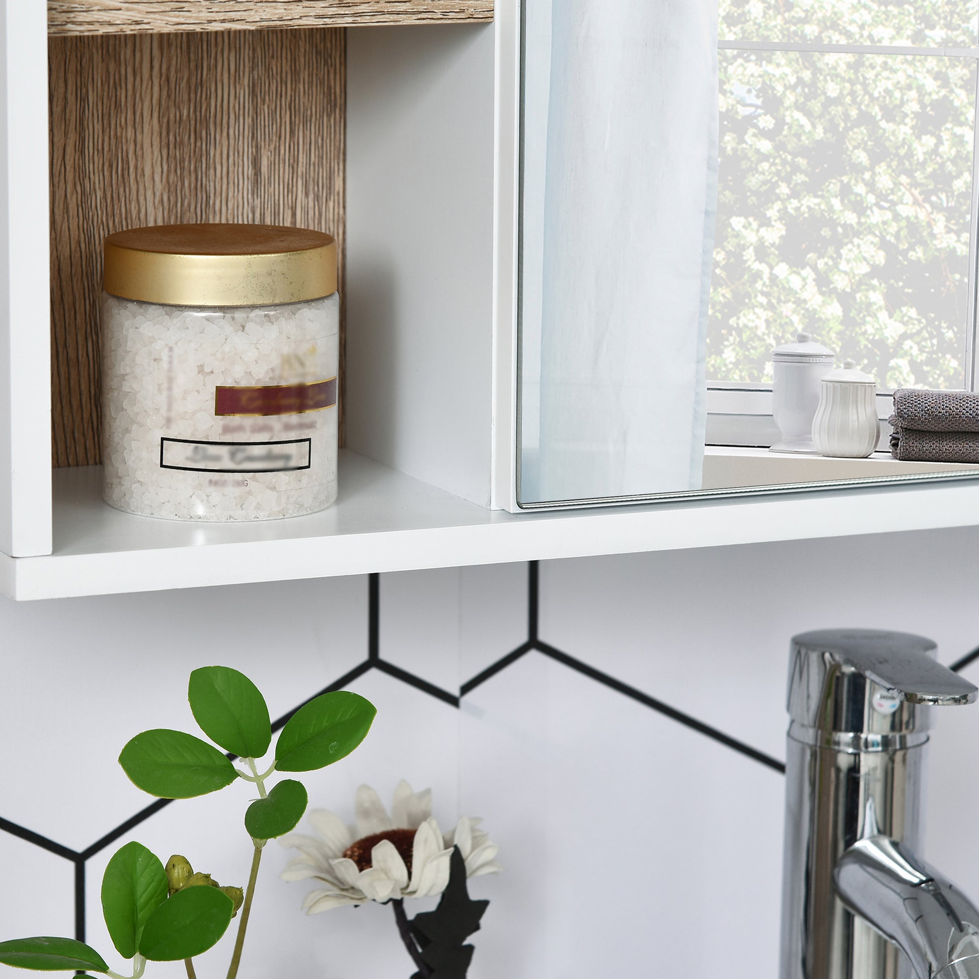 Mirror Cabinet with Internal Space with Adjustable Shelves Wall-Mounted Bathroom Cabinet with Open Shelves 60x14.5x49.4 cm White and Oak