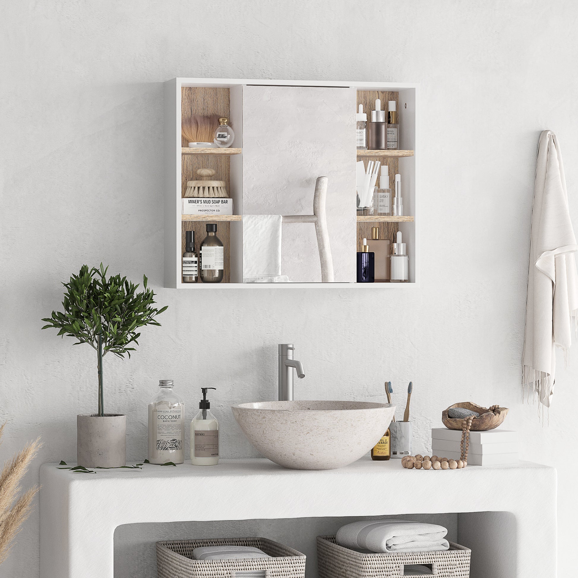 Mirror Cabinet with Internal Space with Adjustable Shelves Wall-Mounted Bathroom Cabinet with Open Shelves 60x14.5x49.4 cm White and Oak