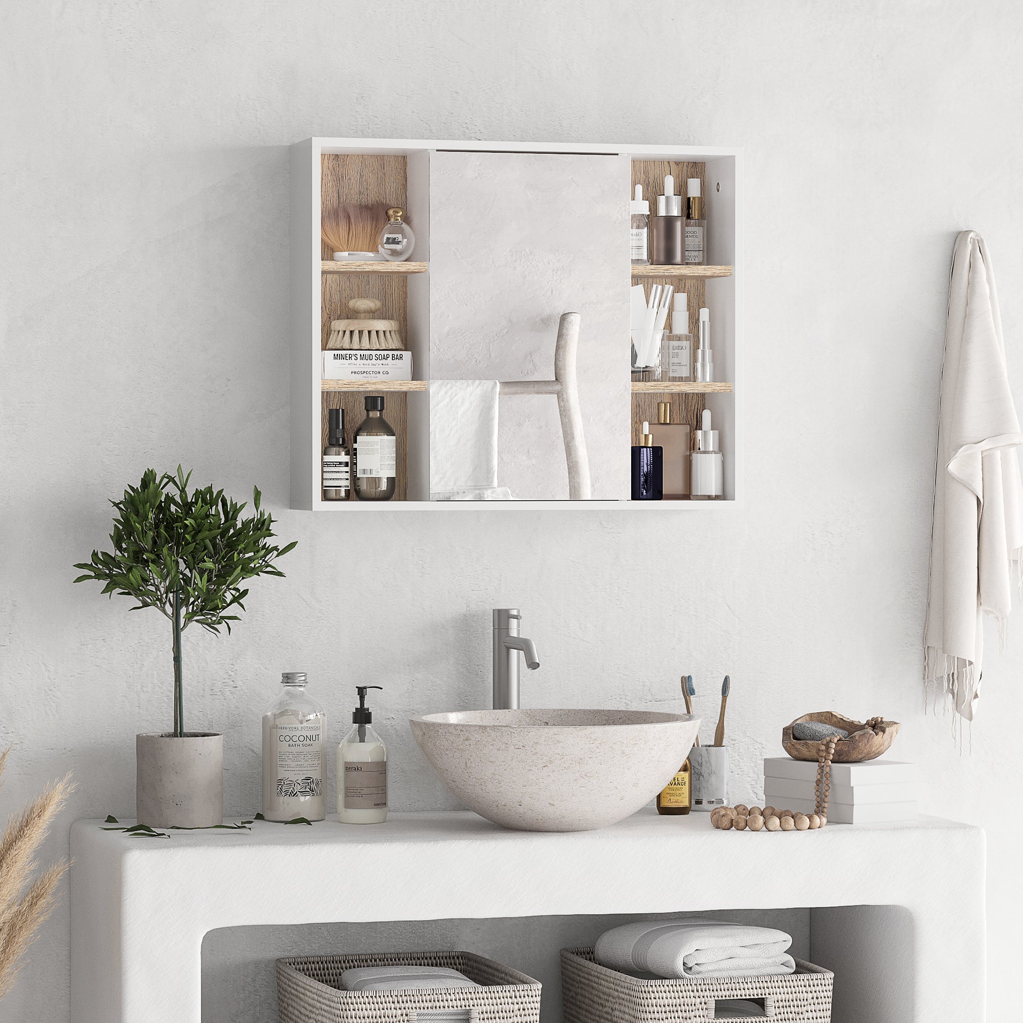 Mirror Cabinet with Internal Space with Adjustable Shelves Wall-Mounted Bathroom Cabinet with Open Shelves 60x14.5x49.4 cm White and Oak