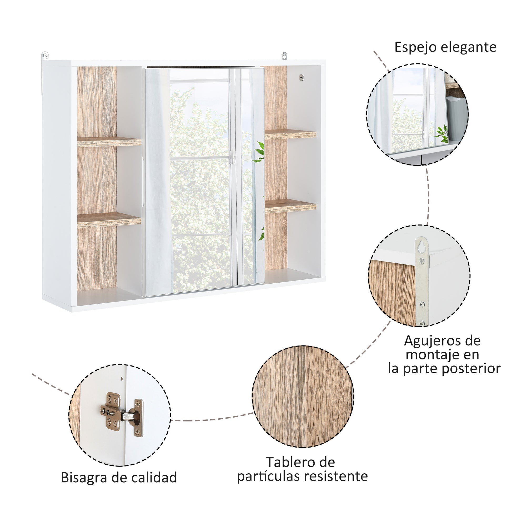 Mirror Cabinet with Internal Space with Adjustable Shelves Wall-Mounted Bathroom Cabinet with Open Shelves 60x14.5x49.4 cm White and Oak