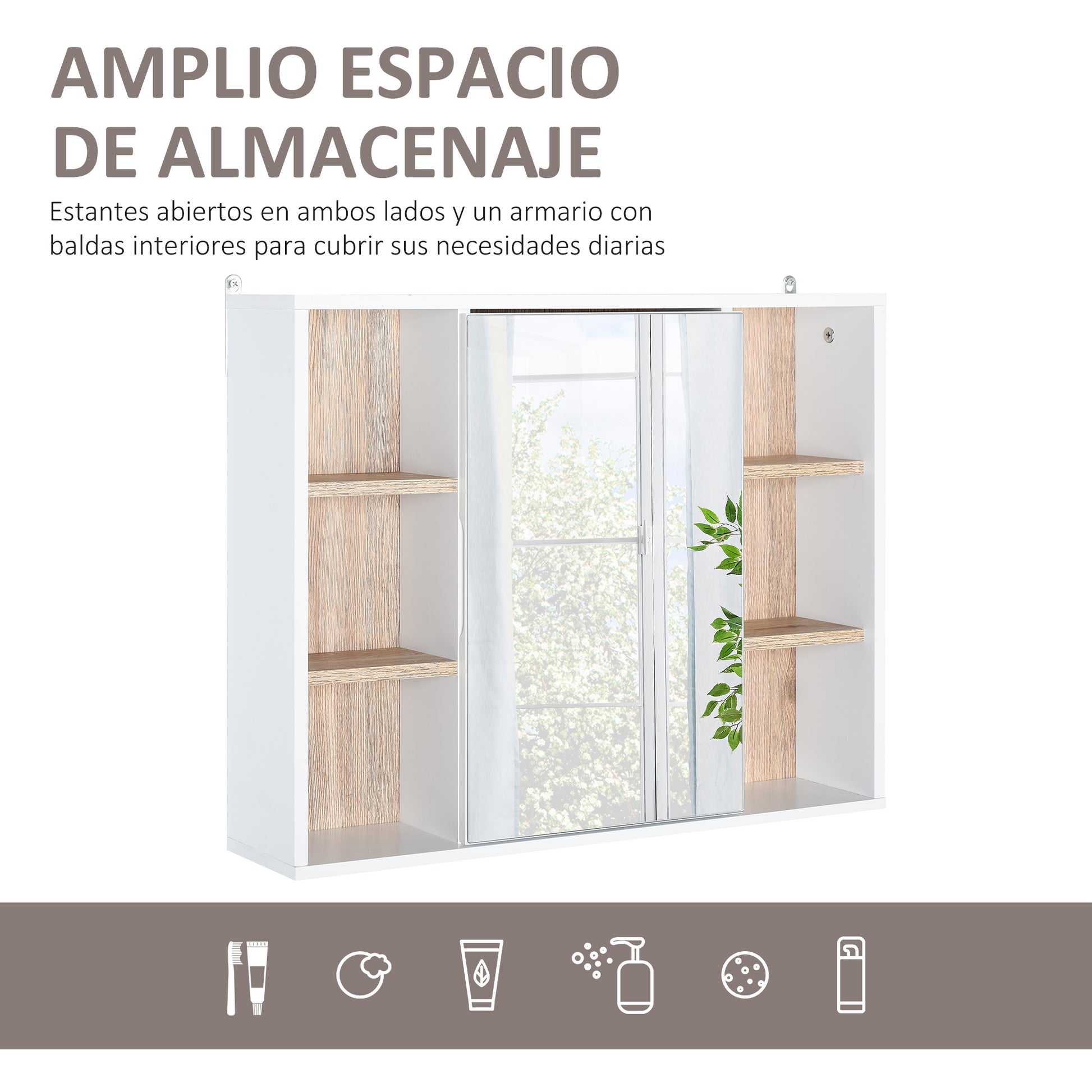Mirror Cabinet with Internal Space with Adjustable Shelves Wall-Mounted Bathroom Cabinet with Open Shelves 60x14.5x49.4 cm White and Oak