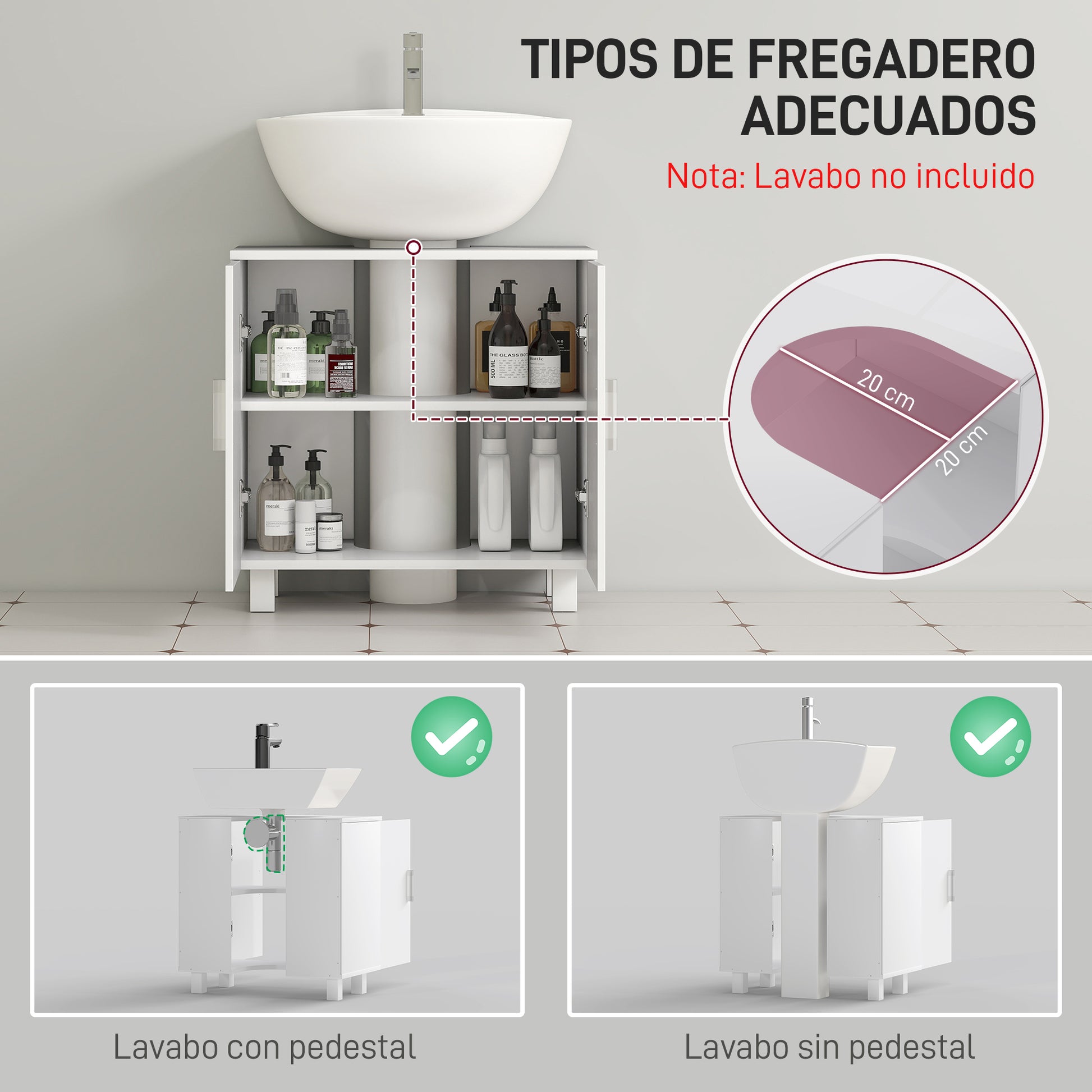 Under Sink Cabinet Sink Cabinet with Pedestal Bathroom Cabinet with 2 Doors 2 Shelves and Anti-Tip System for Bathroom 60x35x60 cm White