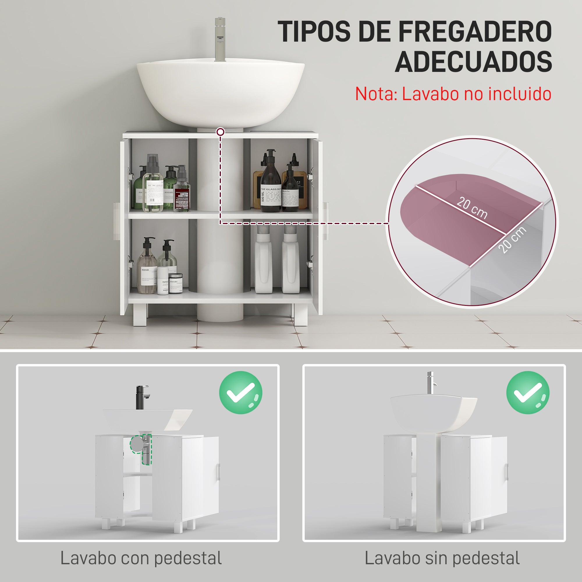 Under Sink Cabinet Sink Cabinet with Pedestal Bathroom Cabinet with 2 Doors 2 Shelves and Anti-Tip System for Bathroom 60x35x60 cm White