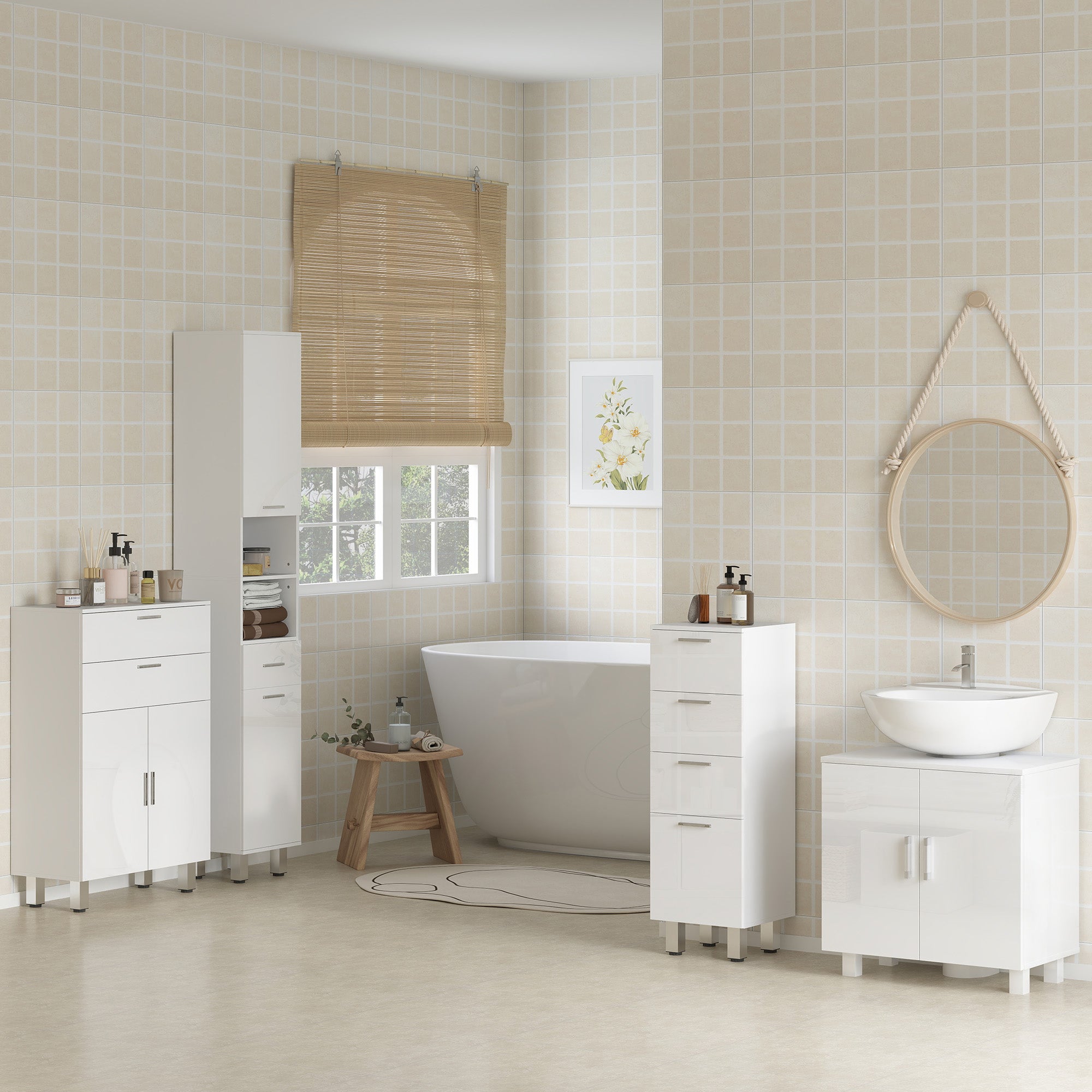 Under Sink Cabinet Sink Cabinet with Pedestal Bathroom Cabinet with 2 Doors 2 Shelves and Anti-Tip System for Bathroom 60x35x60 cm White