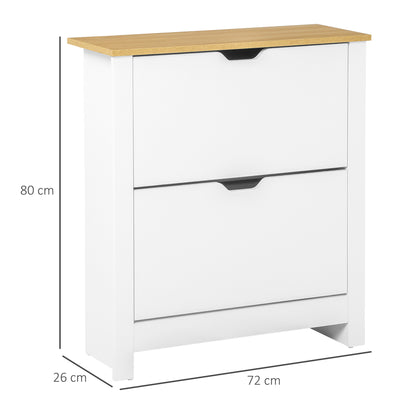 Shoe Cabinet with 2 Flaps, Shoe Rack, Narrow Shoe Storage with Adjustable Partition, Shoe Chest for 12 Pairs of Shoes 72 x 26 x 80 cm, White+Natural