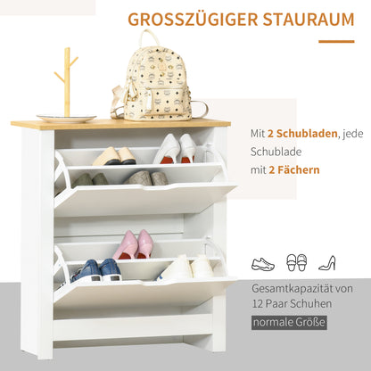 Shoe Cabinet with 2 Flaps, Shoe Rack, Narrow Shoe Storage with Adjustable Partition, Shoe Chest for 12 Pairs of Shoes 72 x 26 x 80 cm, White+Natural