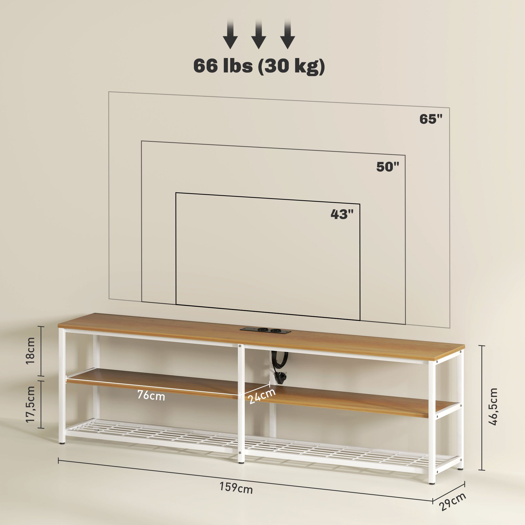 Industrial TV Stand TV Stand for Living Room with LED Lights Remote Control Extension for Charging and 2 Open Compartments TV Stand for 65-Inch TV 159x29x46.5 cm Natural