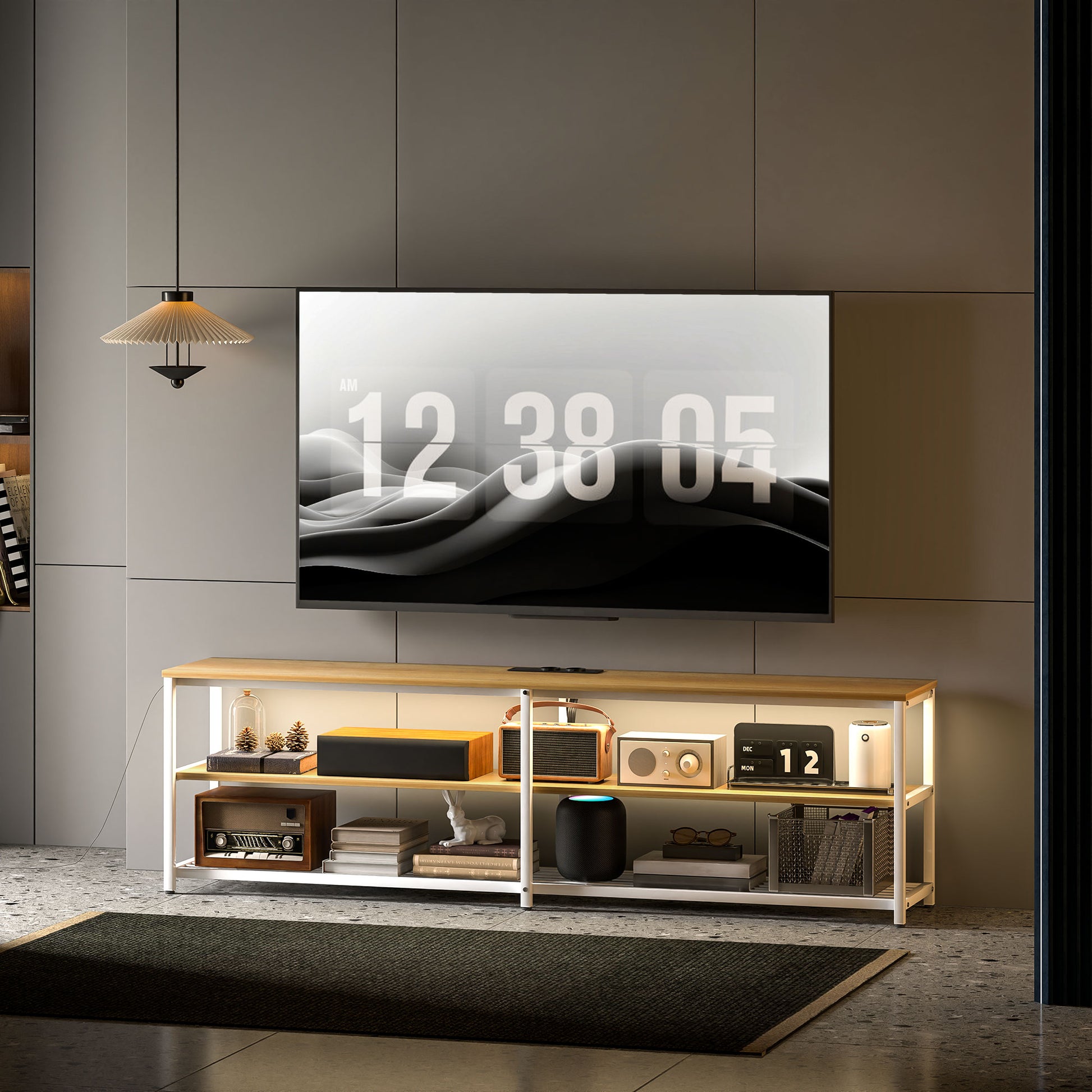 Industrial TV Stand TV Stand for Living Room with LED Lights Remote Control Extension for Charging and 2 Open Compartments TV Stand for 65-Inch TV 159x29x46.5 cm Natural