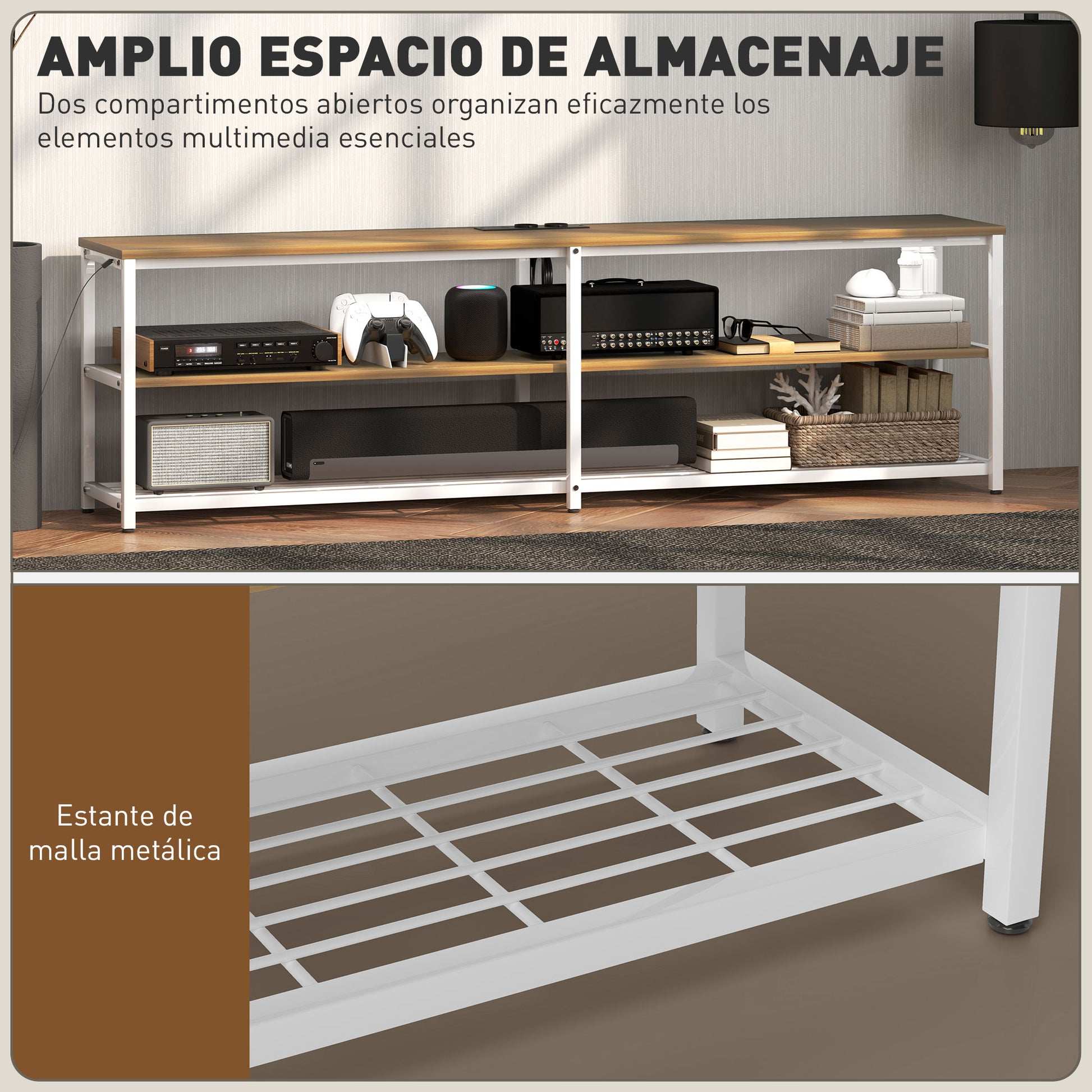 Industrial TV Stand TV Stand for Living Room with LED Lights Remote Control Extension for Charging and 2 Open Compartments TV Stand for 65-Inch TV 159x29x46.5 cm Natural